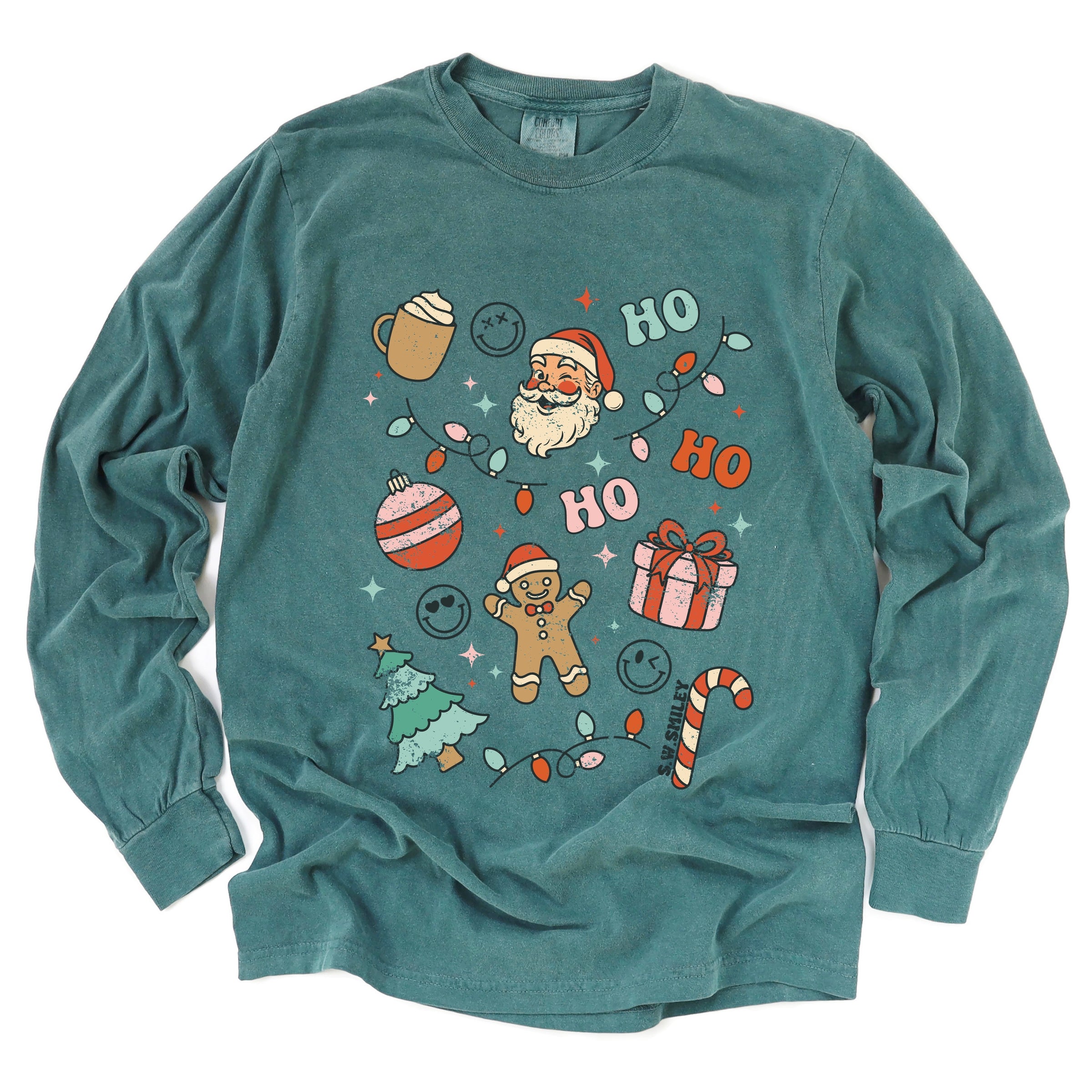 S.W.Smiley Christmas Collage Sparkle - Womens Garment Dyed Long Sleeve