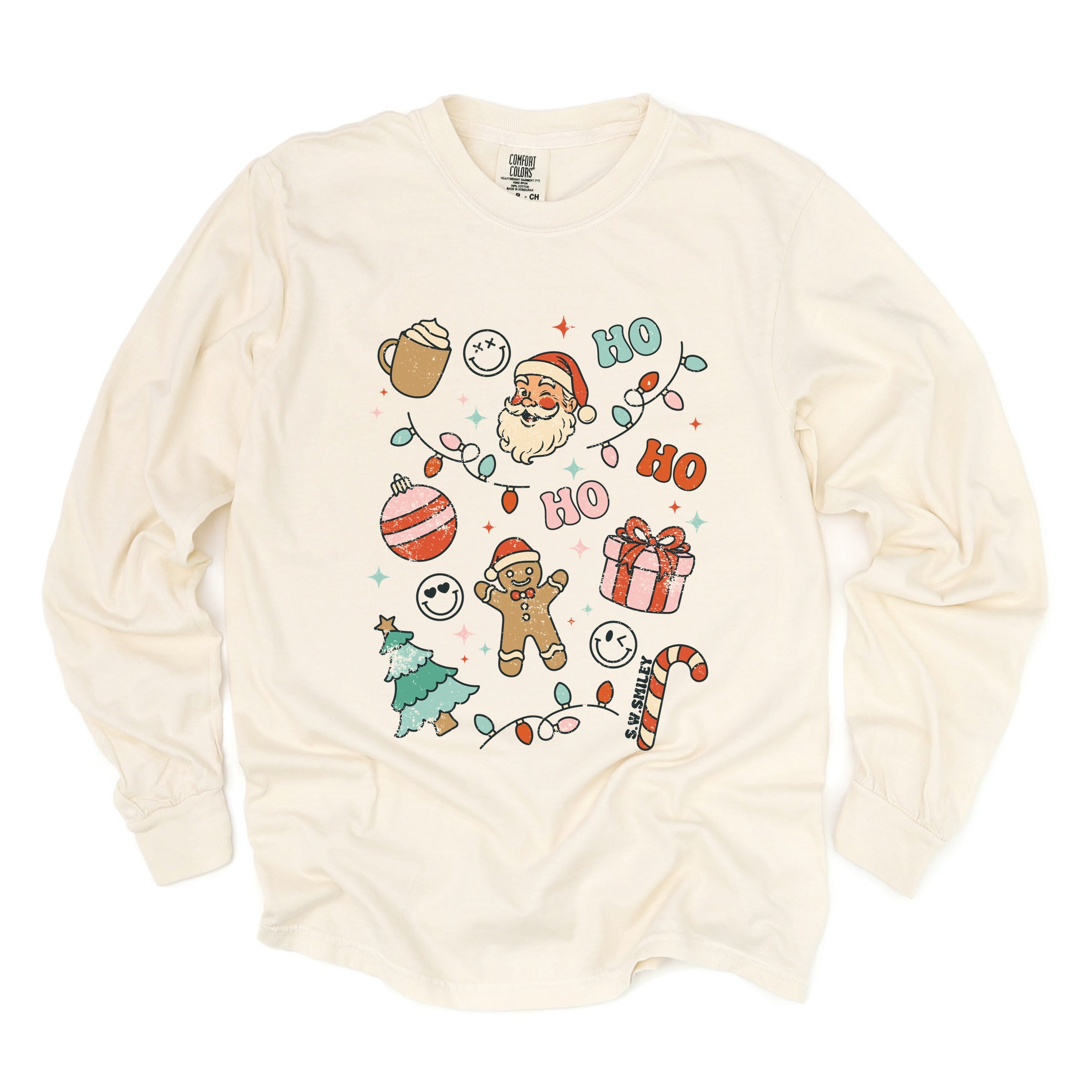 S.W.Smiley Christmas Collage Sparkle - Womens Garment Dyed Long Sleeve