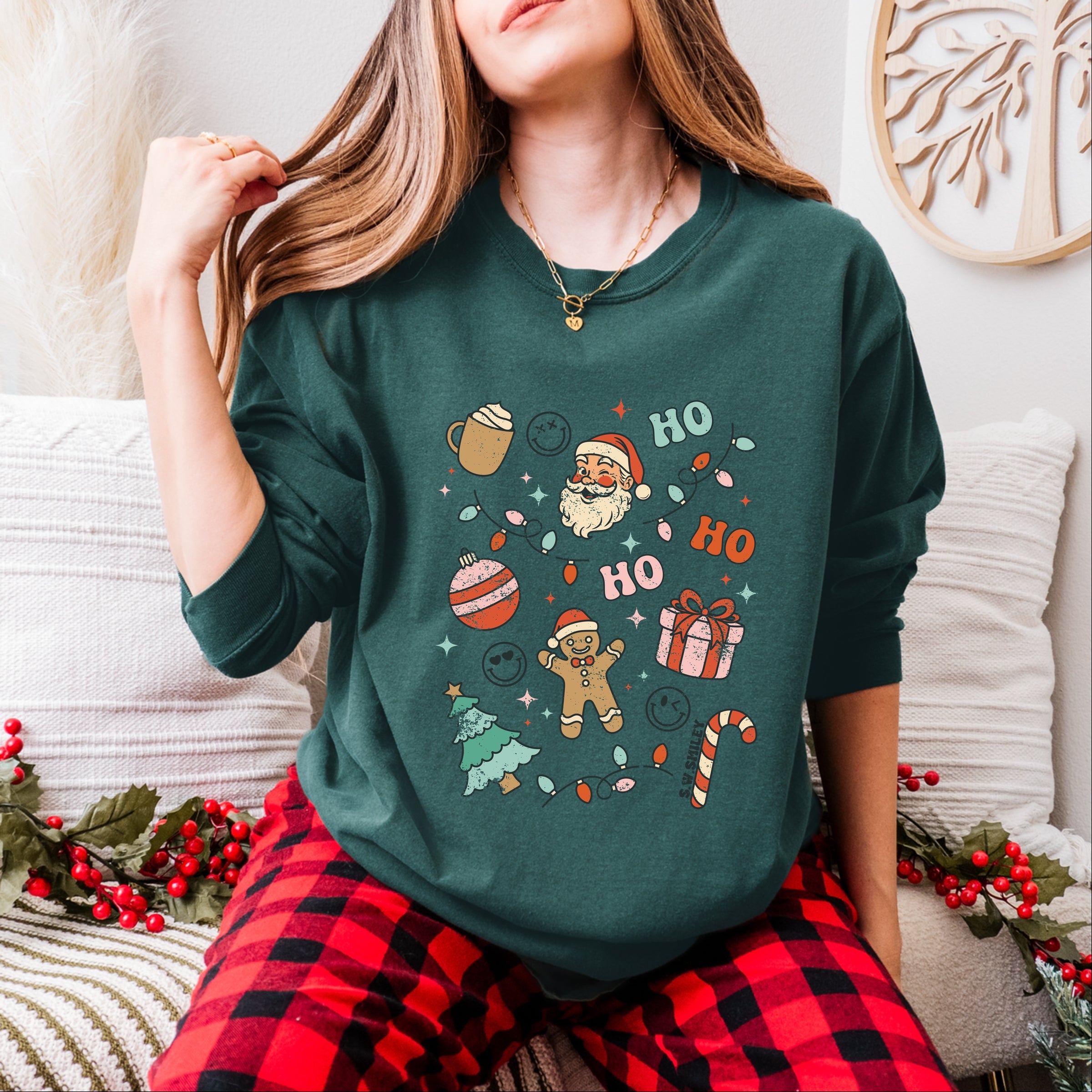 S.W.Smiley Christmas Collage Sparkle - Womens Garment Dyed Long Sleeve