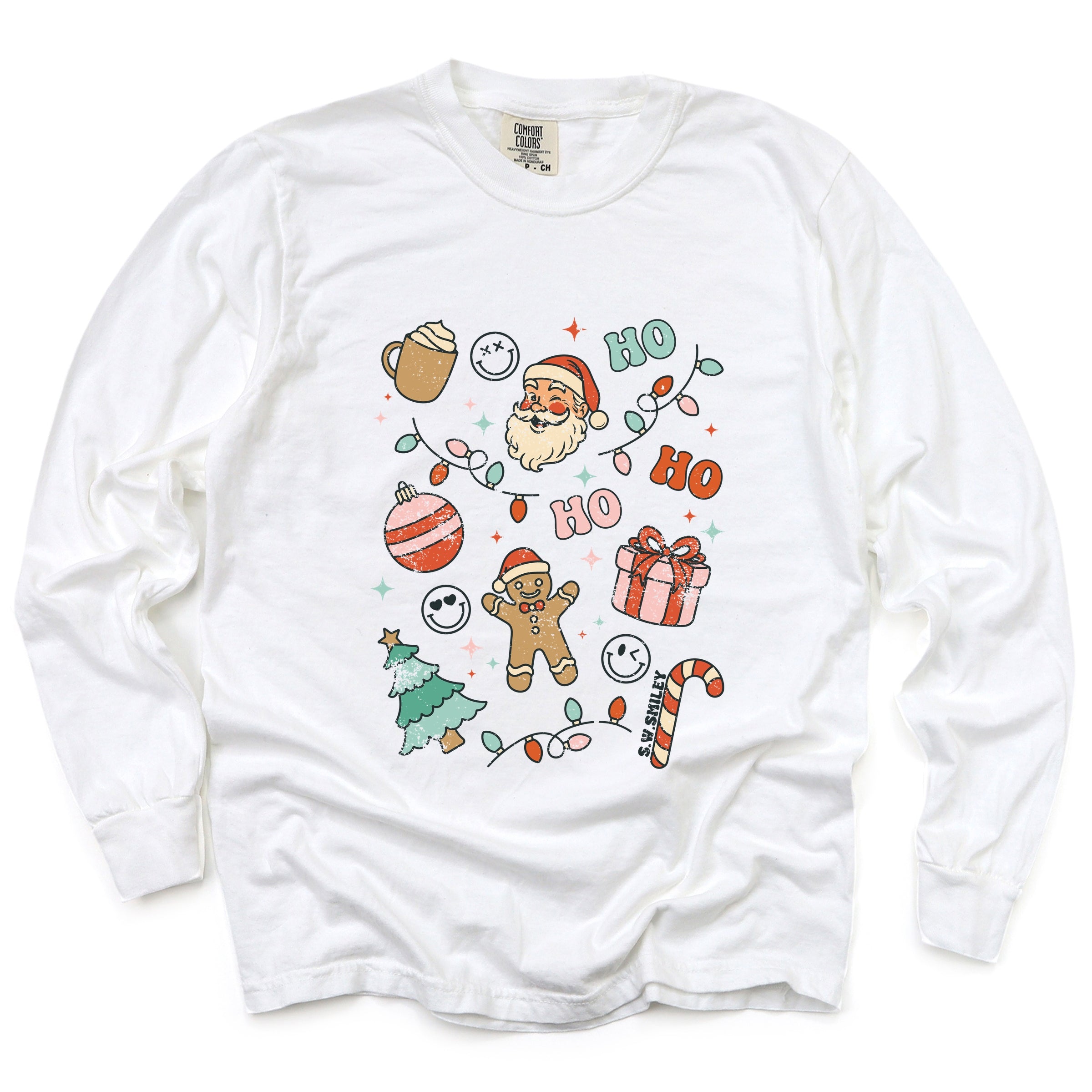 S.W.Smiley Christmas Collage Sparkle - Womens Garment Dyed Long Sleeve