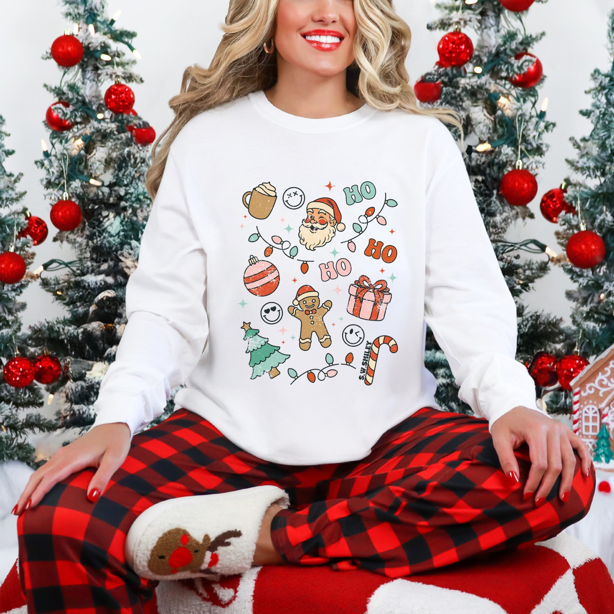S.W.Smiley Christmas Collage Sparkle - Womens Garment Dyed Long Sleeve