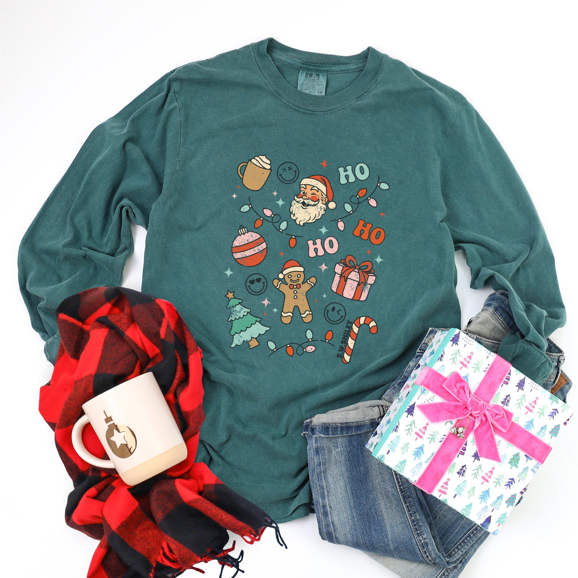 S.W.Smiley Christmas Collage Sparkle - Womens Garment Dyed Long Sleeve