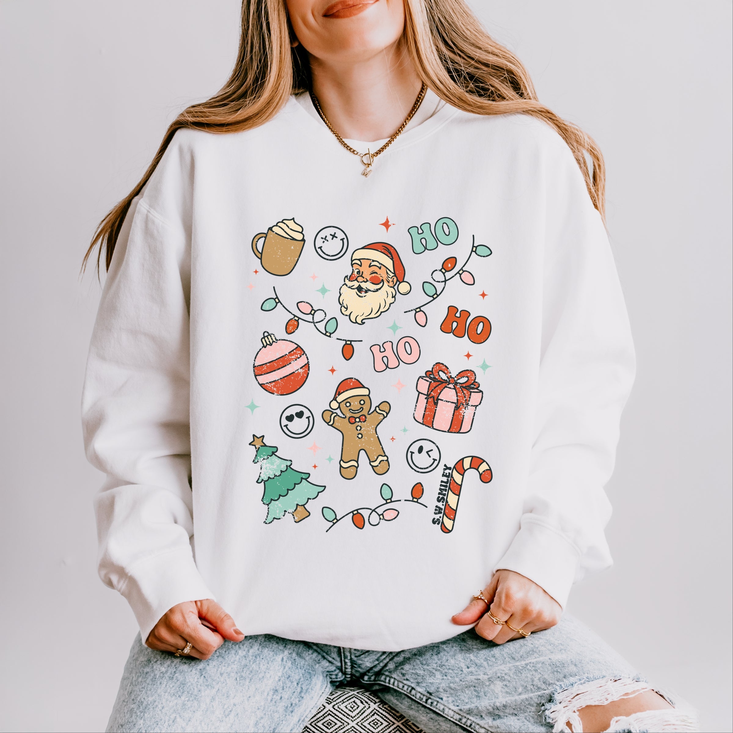 S.W.Smiley Christmas Collage Sparkle - Womens Lightweight Garment Dyed Sweatshirt