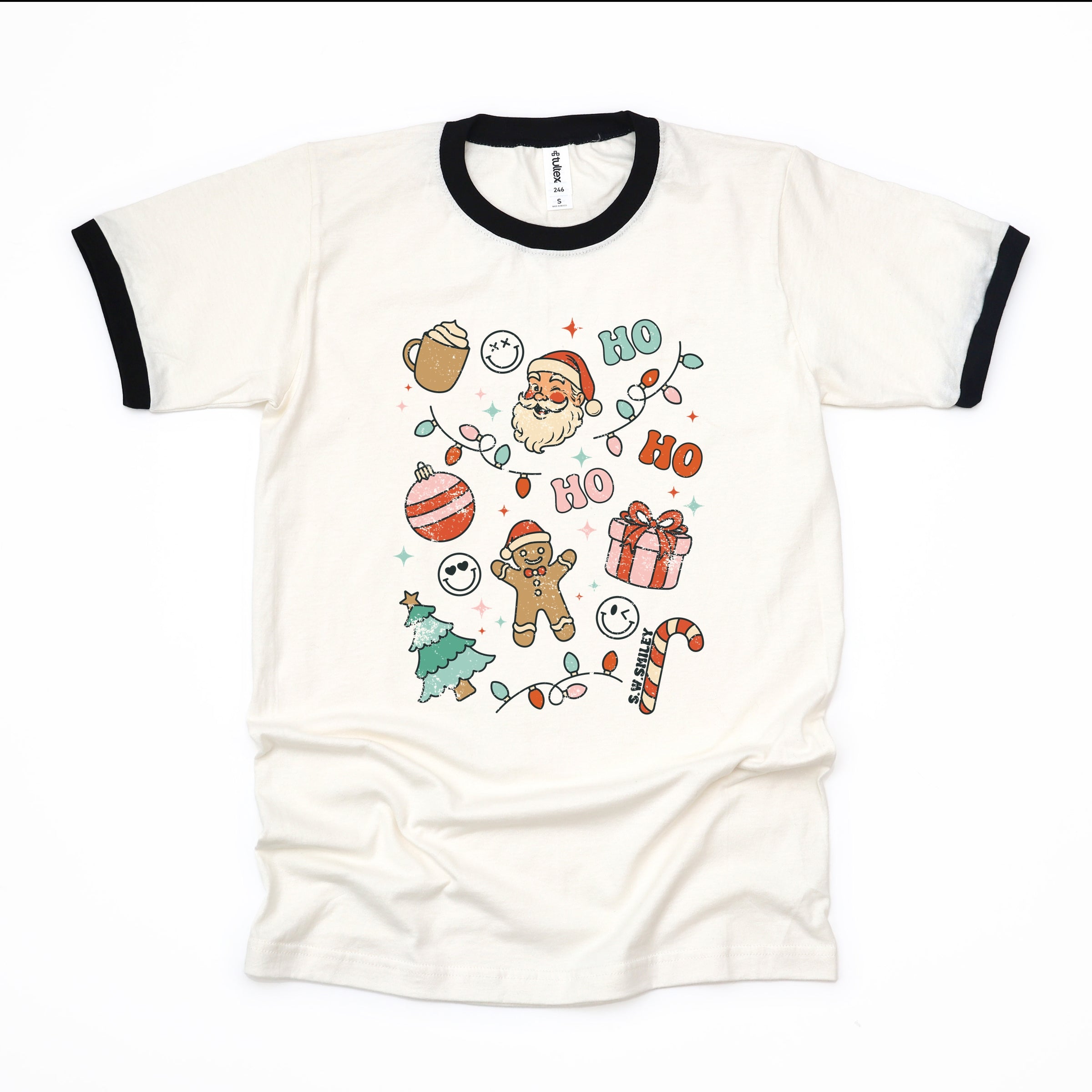 S.W.Smiley Christmas Collage Sparkle - Womens Ringer Tee