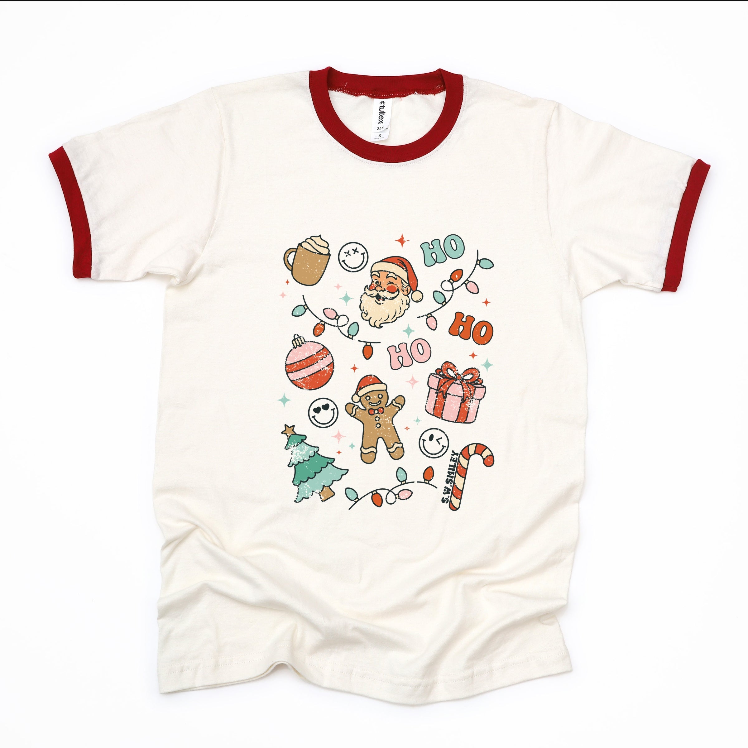 S.W.Smiley Christmas Collage Sparkle - Womens Ringer Tee