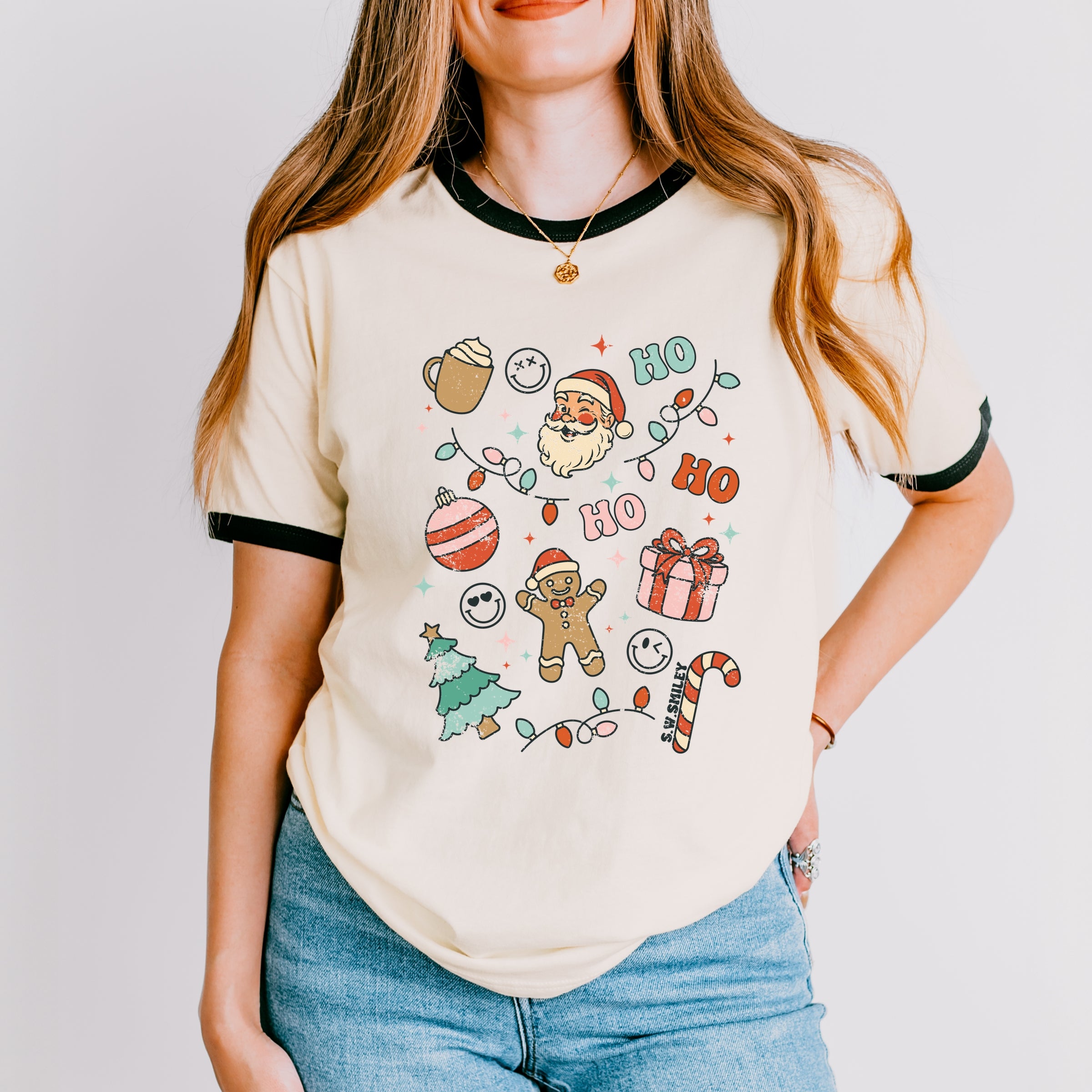S.W.Smiley Christmas Collage Sparkle - Womens Ringer Tee
