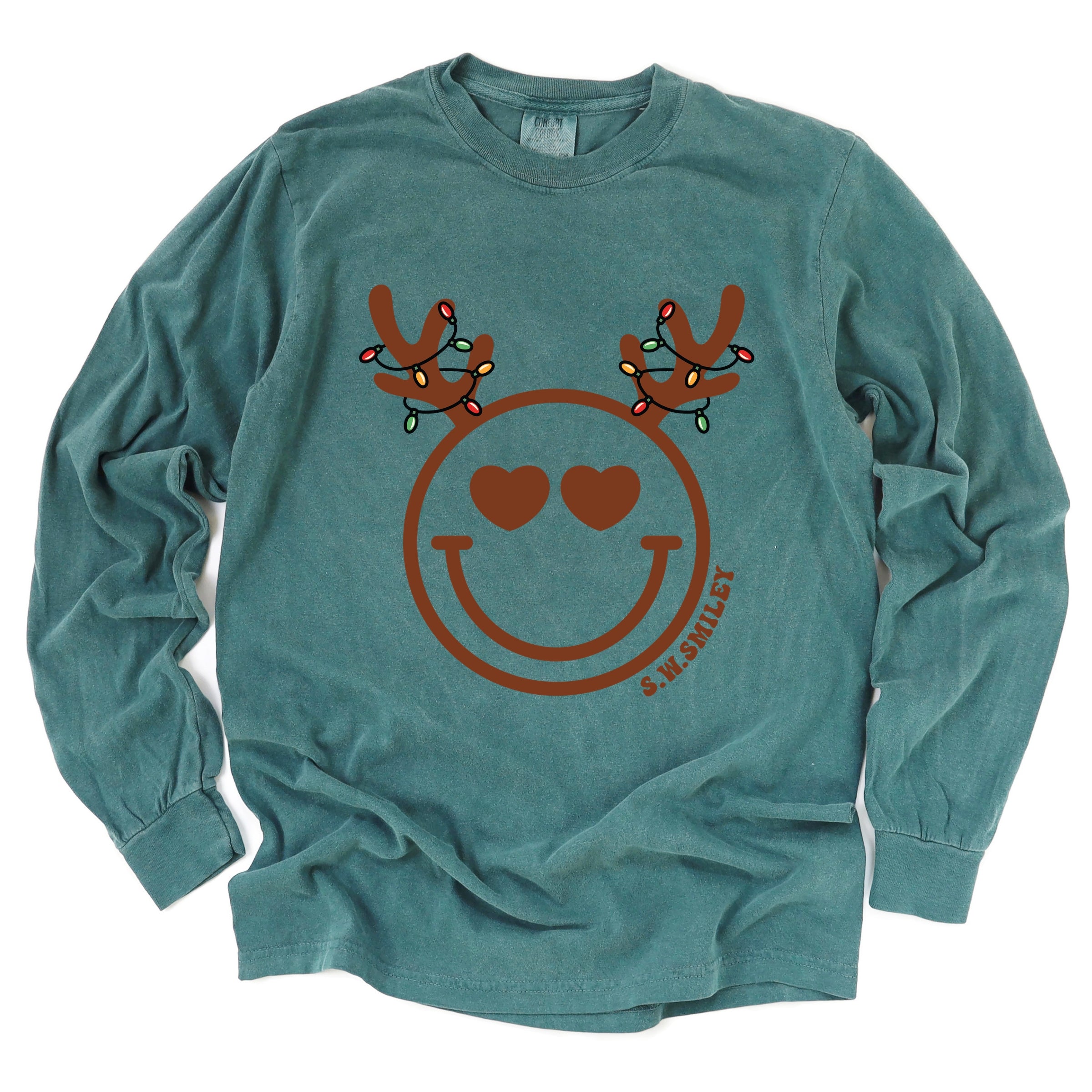 S.W.Smiley Reindeer Lights - Womens Garment Dyed Long Sleeve