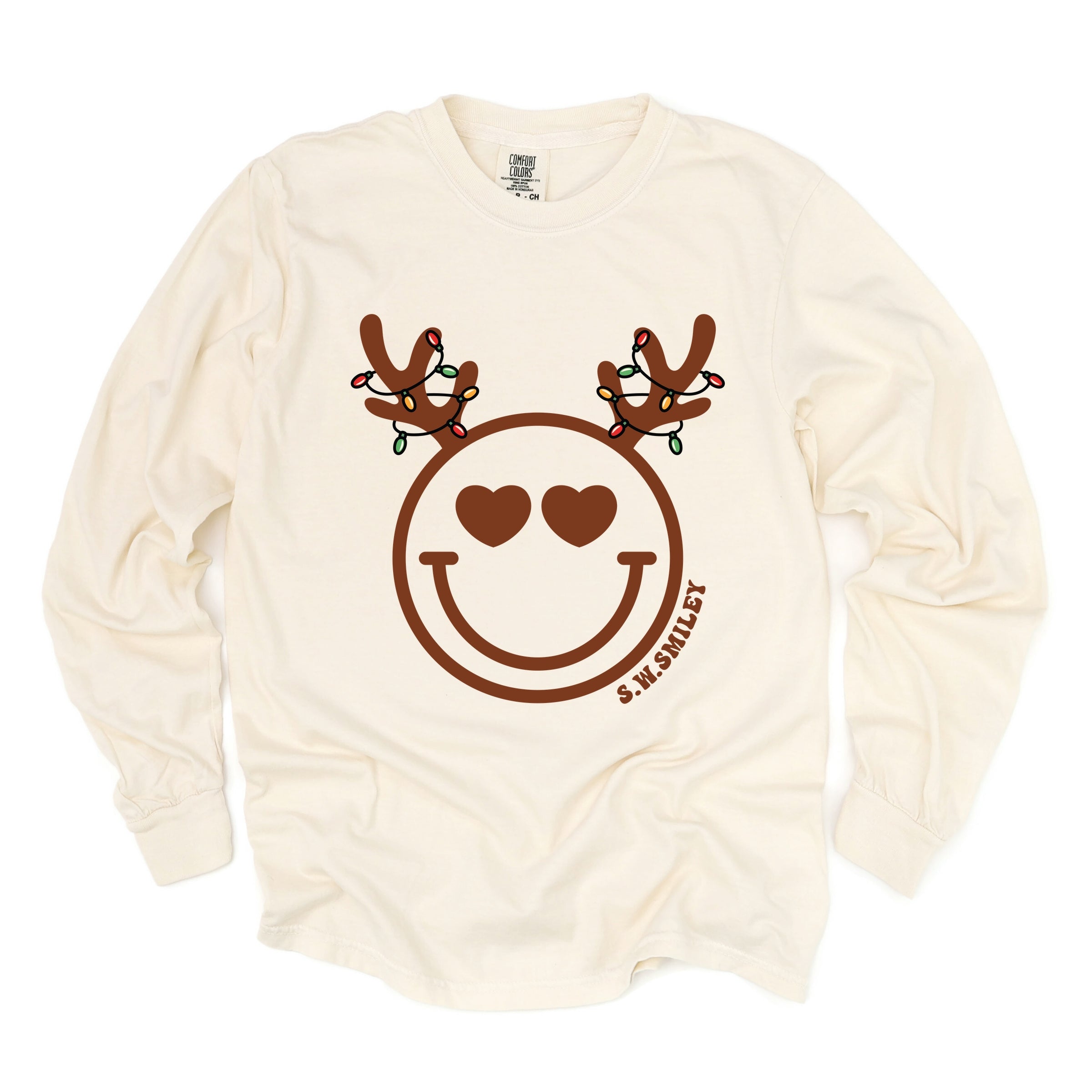 S.W.Smiley Reindeer Lights - Womens Garment Dyed Long Sleeve