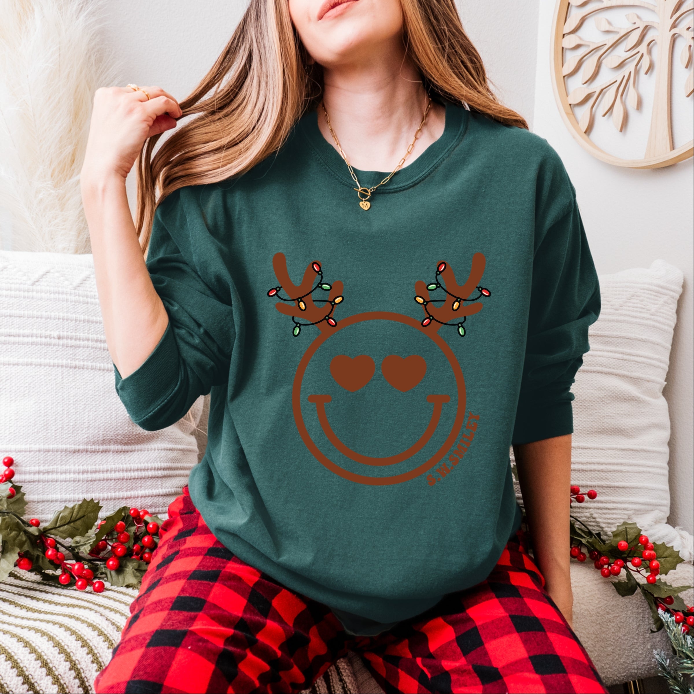 S.W.Smiley Reindeer Lights - Womens Garment Dyed Long Sleeve