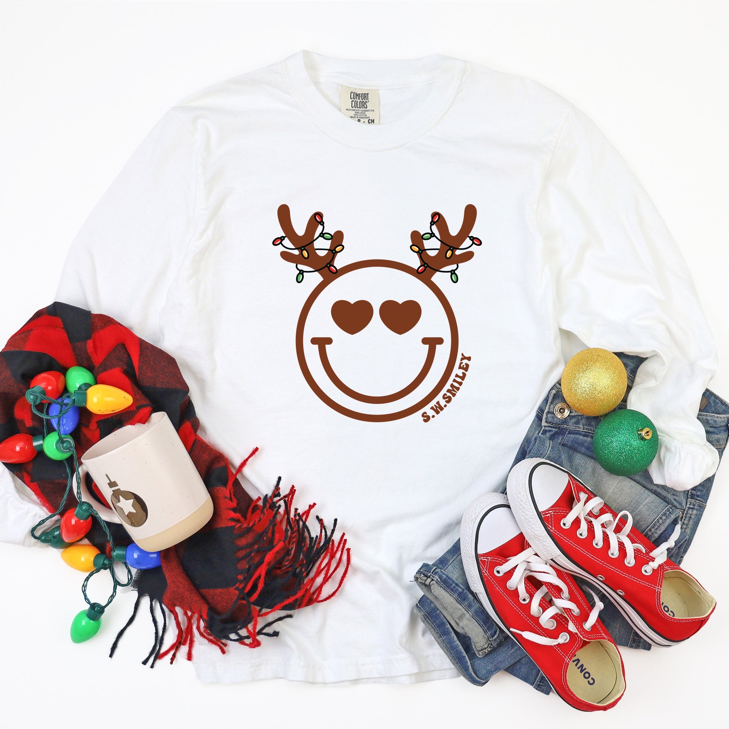 S.W.Smiley Reindeer Lights - Womens Garment Dyed Long Sleeve