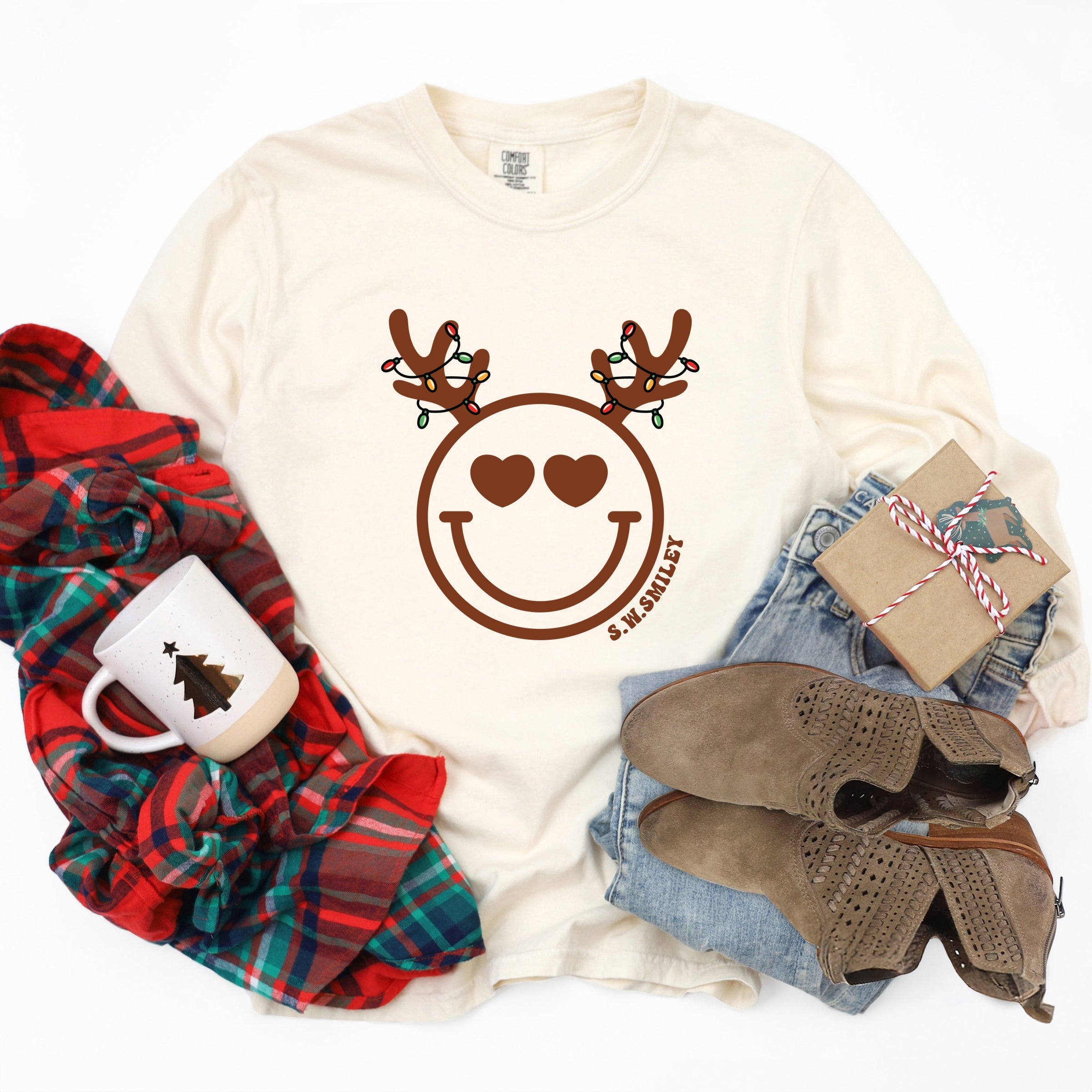 S.W.Smiley Reindeer Lights - Womens Garment Dyed Long Sleeve