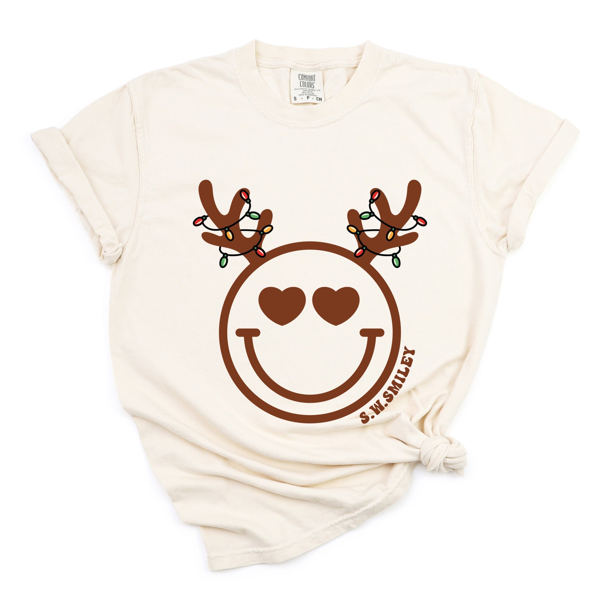 S.W.Smiley Reindeer Lights - Womens Garment Dyed Tee