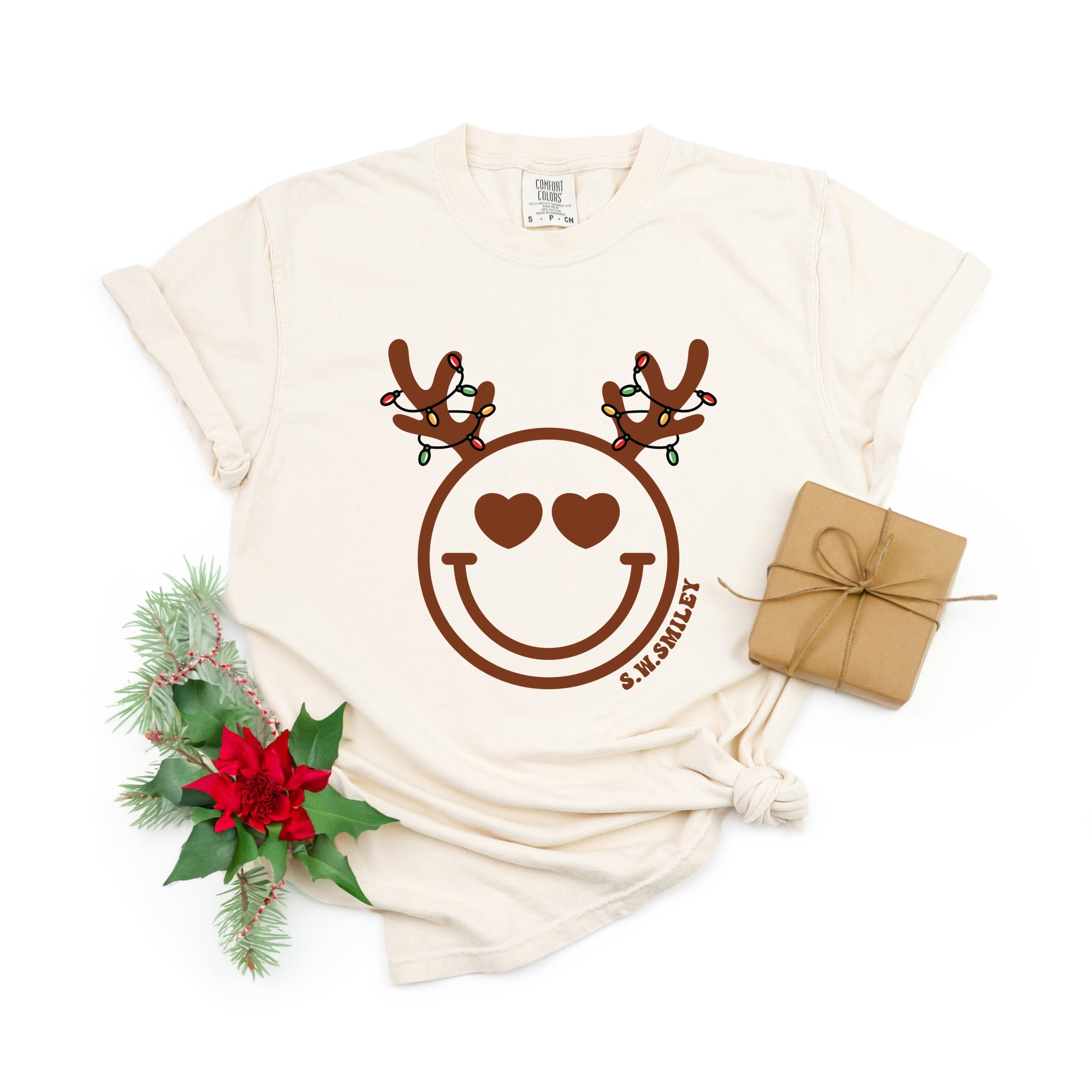 S.W.Smiley Reindeer Lights - Womens Garment Dyed Tee