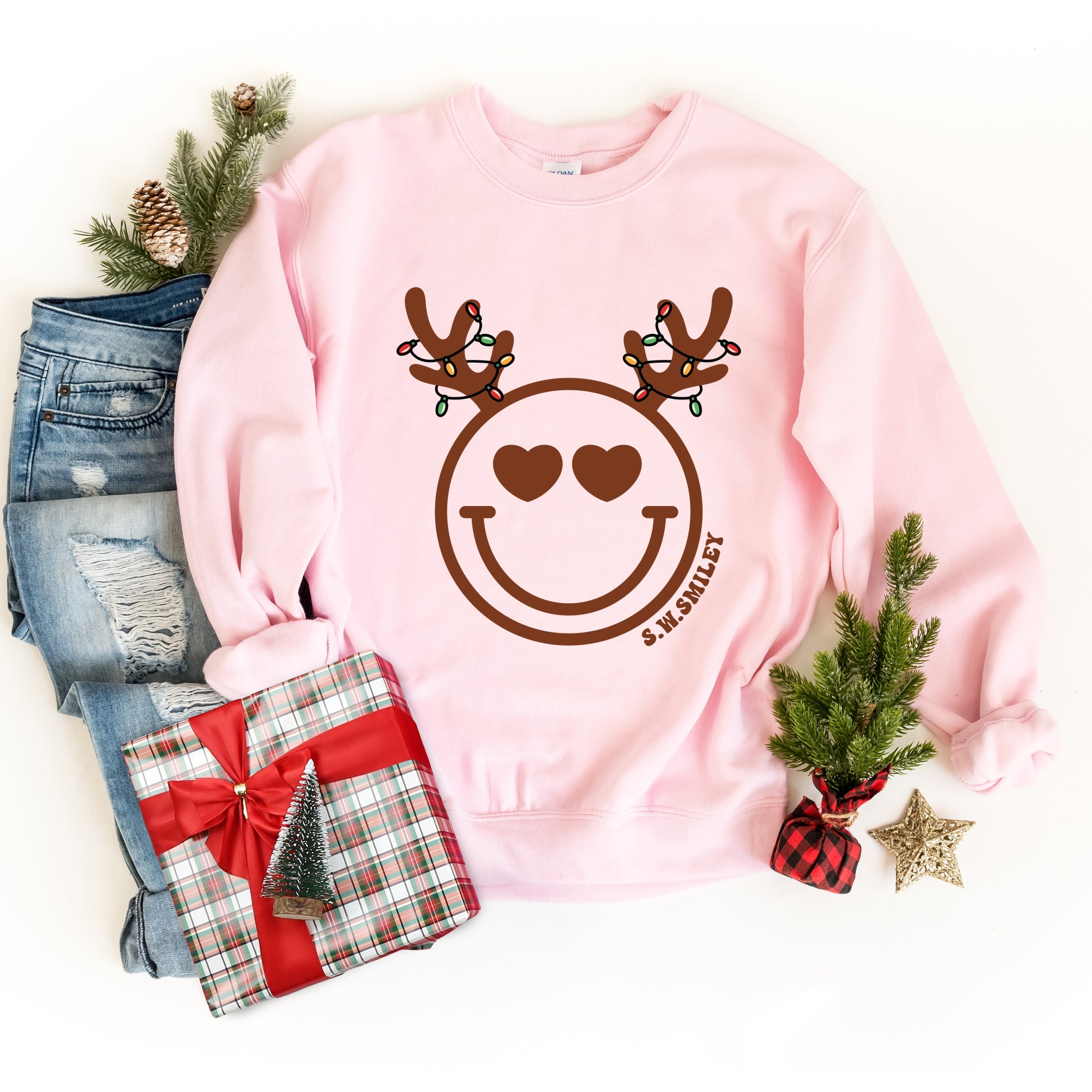 S.W.Smiley Reindeer Lights -  Womens Sweatshirt