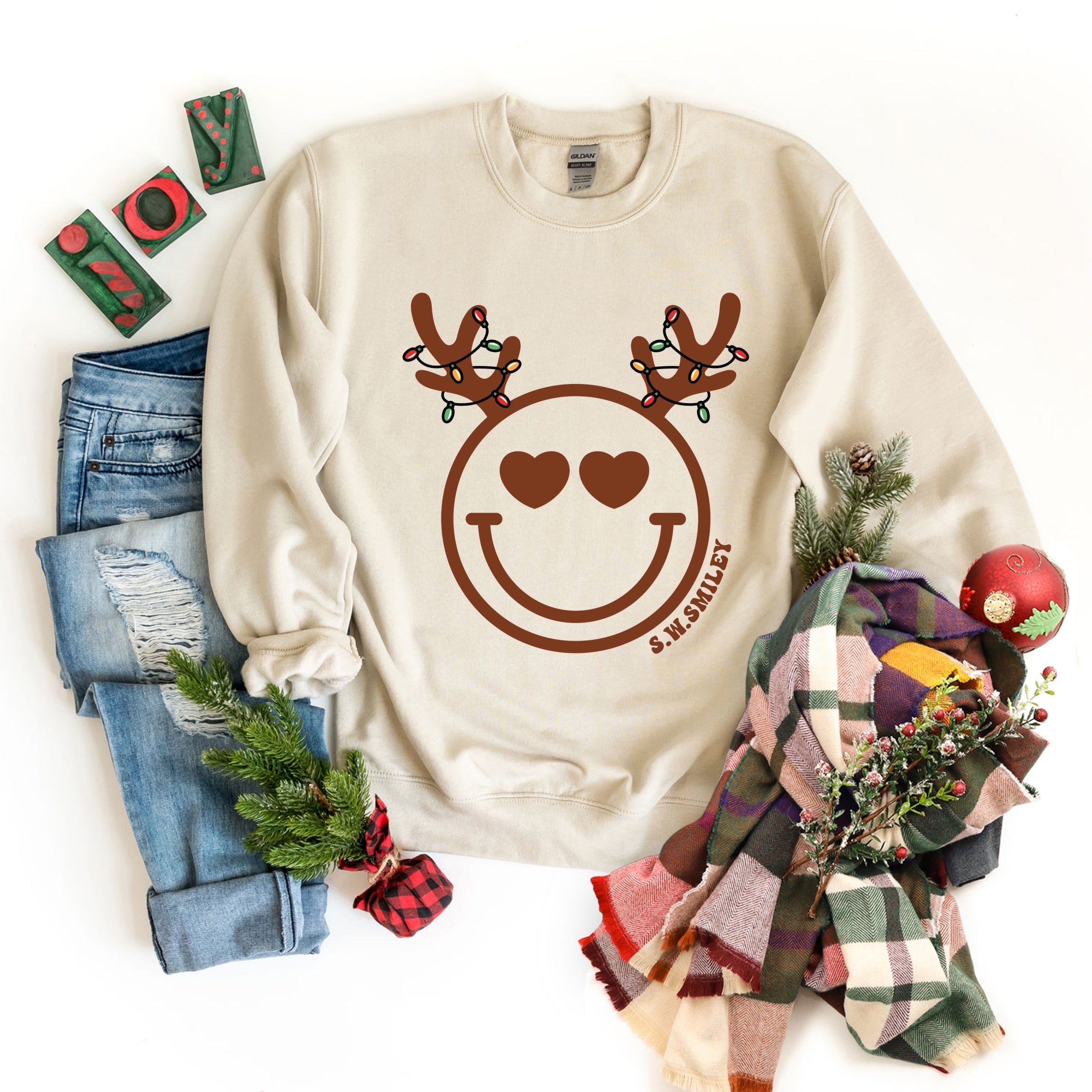 S.W.Smiley Reindeer Lights -  Womens Sweatshirt