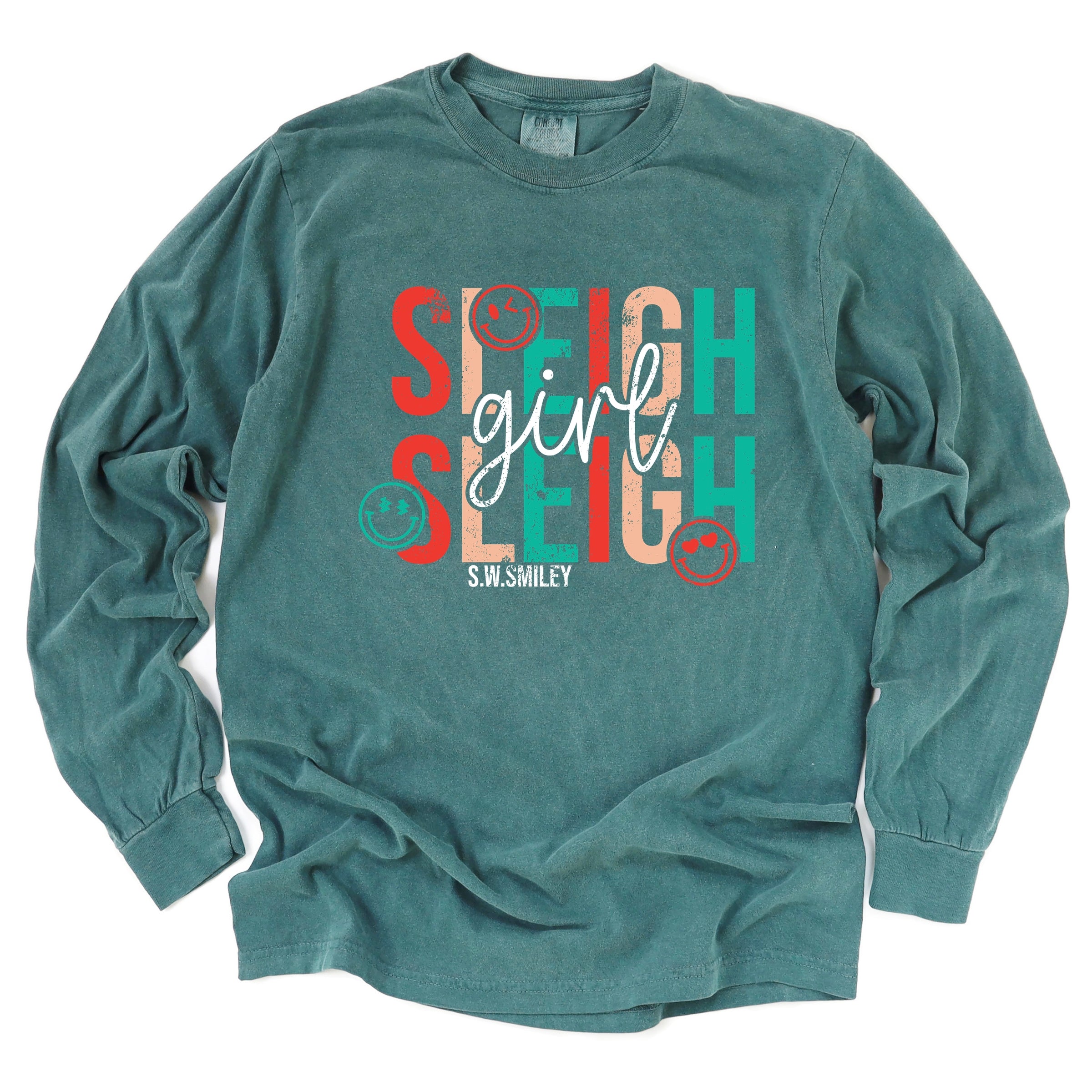 S.W.Smiley Sleigh Girl Sleigh - Womens Garment Dyed Long Sleeve