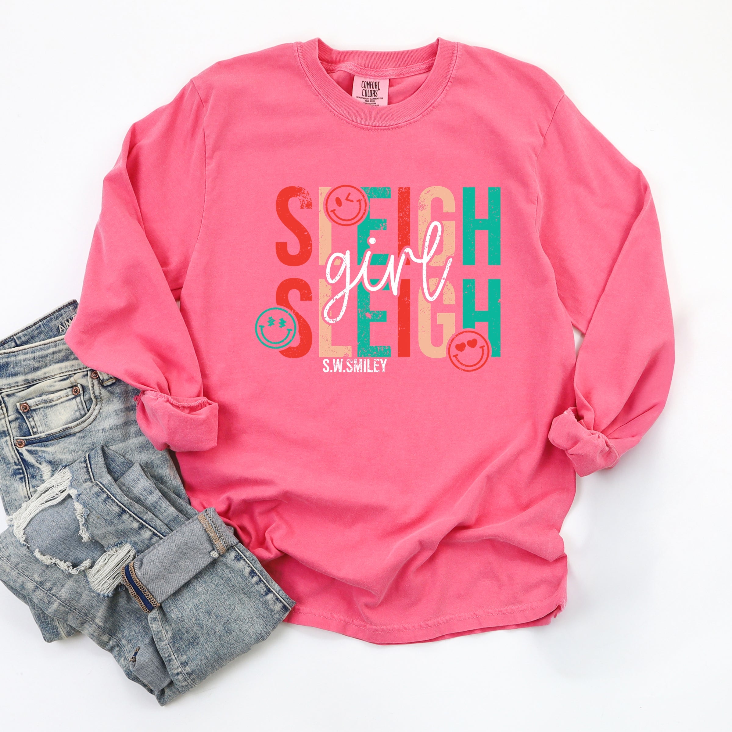 S.W.Smiley Sleigh Girl Sleigh - Womens Garment Dyed Long Sleeve