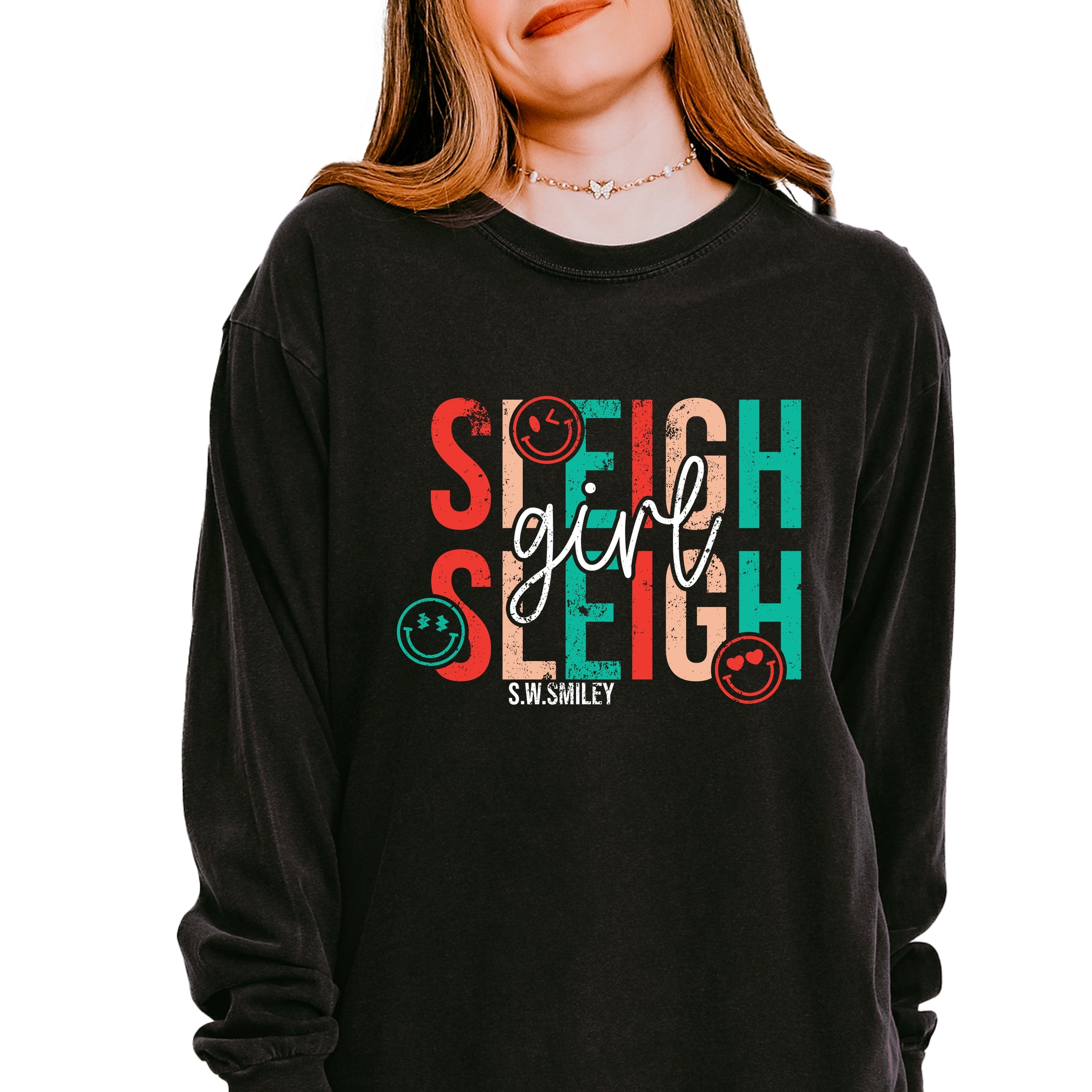 S.W.Smiley Sleigh Girl Sleigh - Womens Garment Dyed Long Sleeve