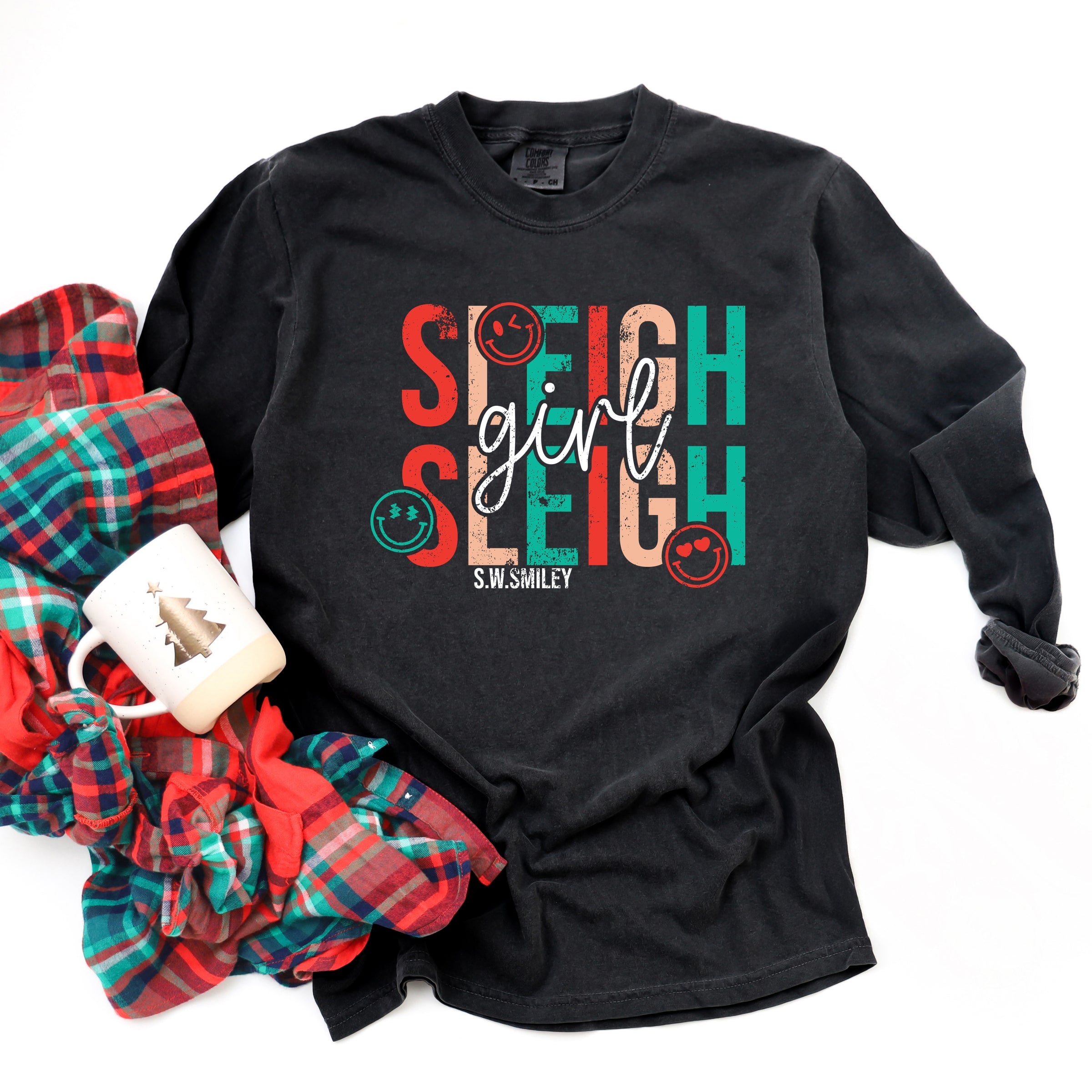 S.W.Smiley Sleigh Girl Sleigh - Womens Garment Dyed Long Sleeve