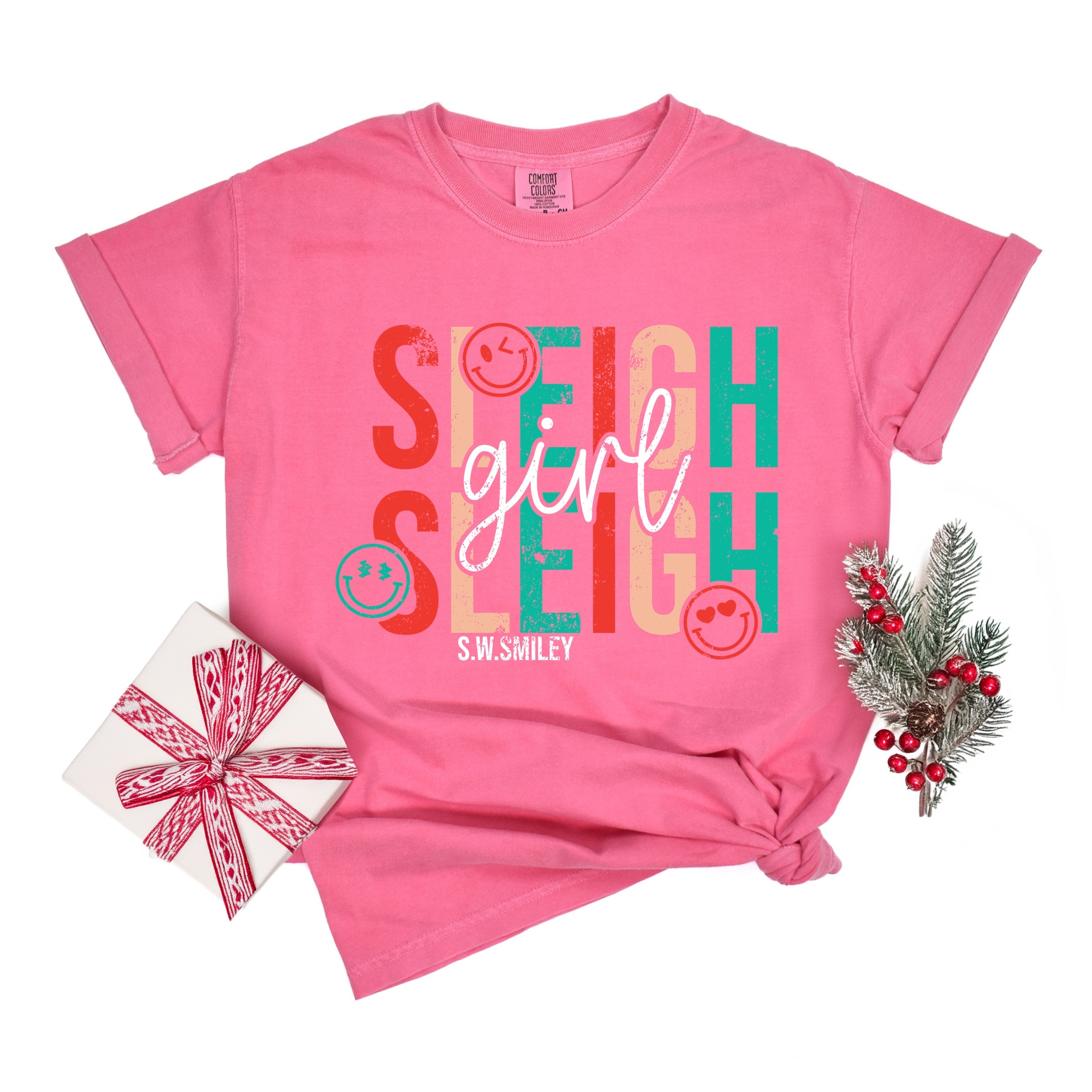 S.W.Smiley Sleigh Girl Sleigh - Womens Garment Dyed Tee