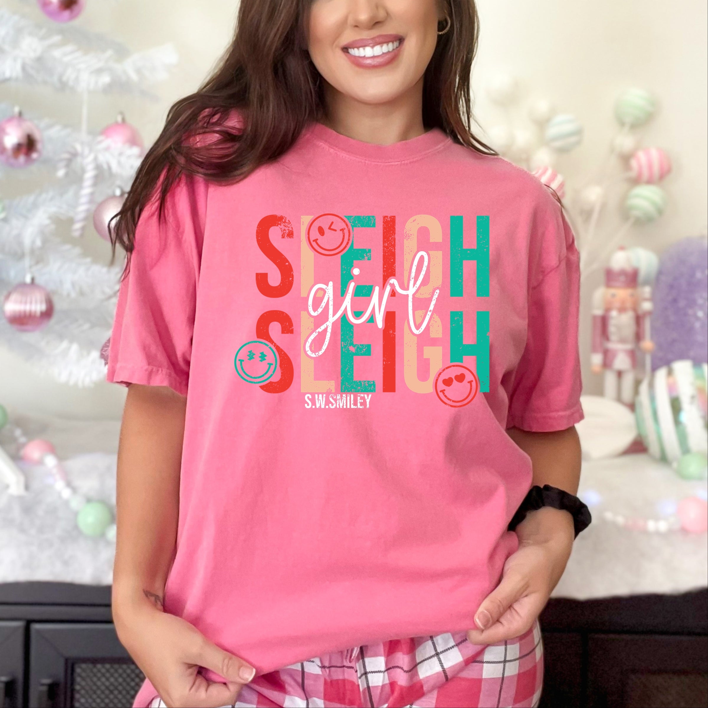 S.W.Smiley Sleigh Girl Sleigh - Womens Garment Dyed Tee