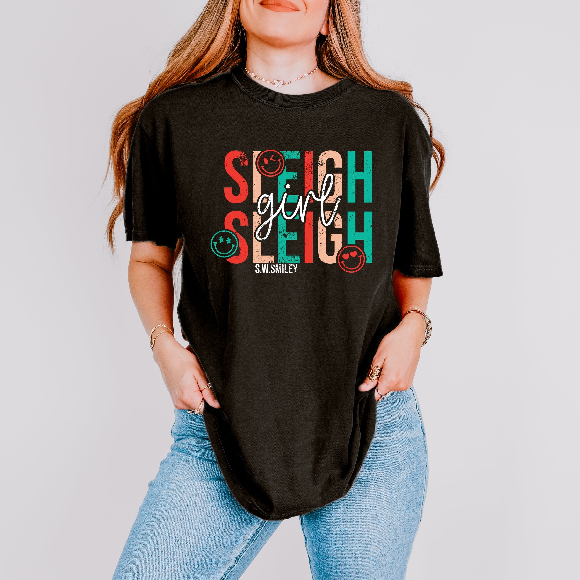 S.W.Smiley Sleigh Girl Sleigh - Womens Garment Dyed Tee