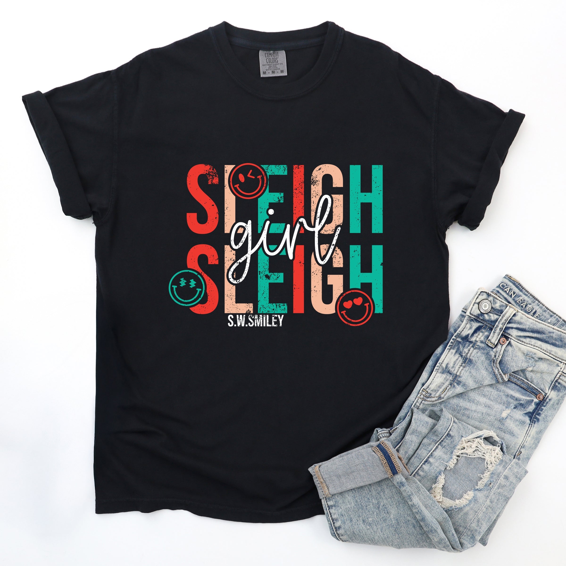 S.W.Smiley Sleigh Girl Sleigh - Womens Garment Dyed Tee