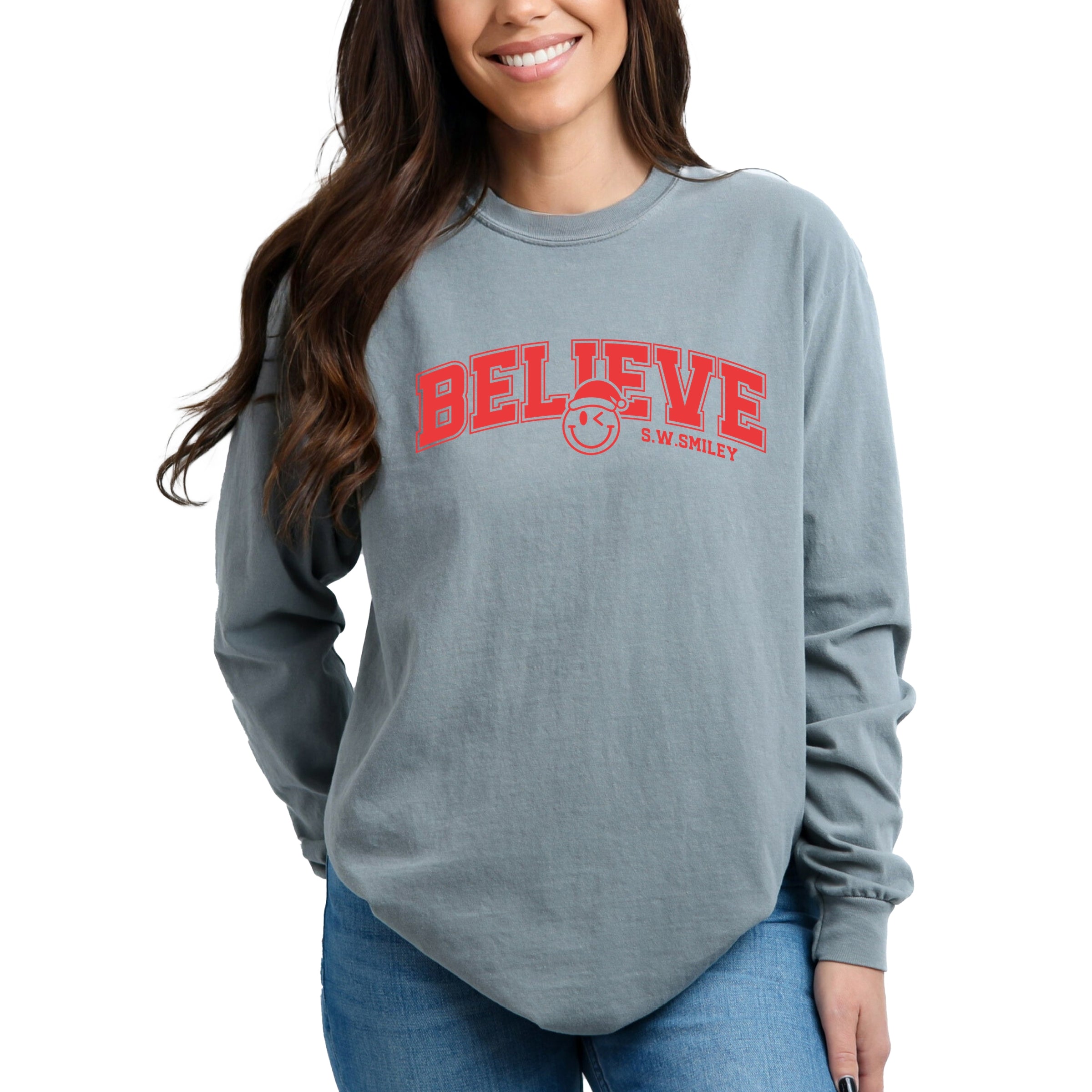 S.W.Smiley Varsity Believe - Womens Garment Dyed Long Sleeve
