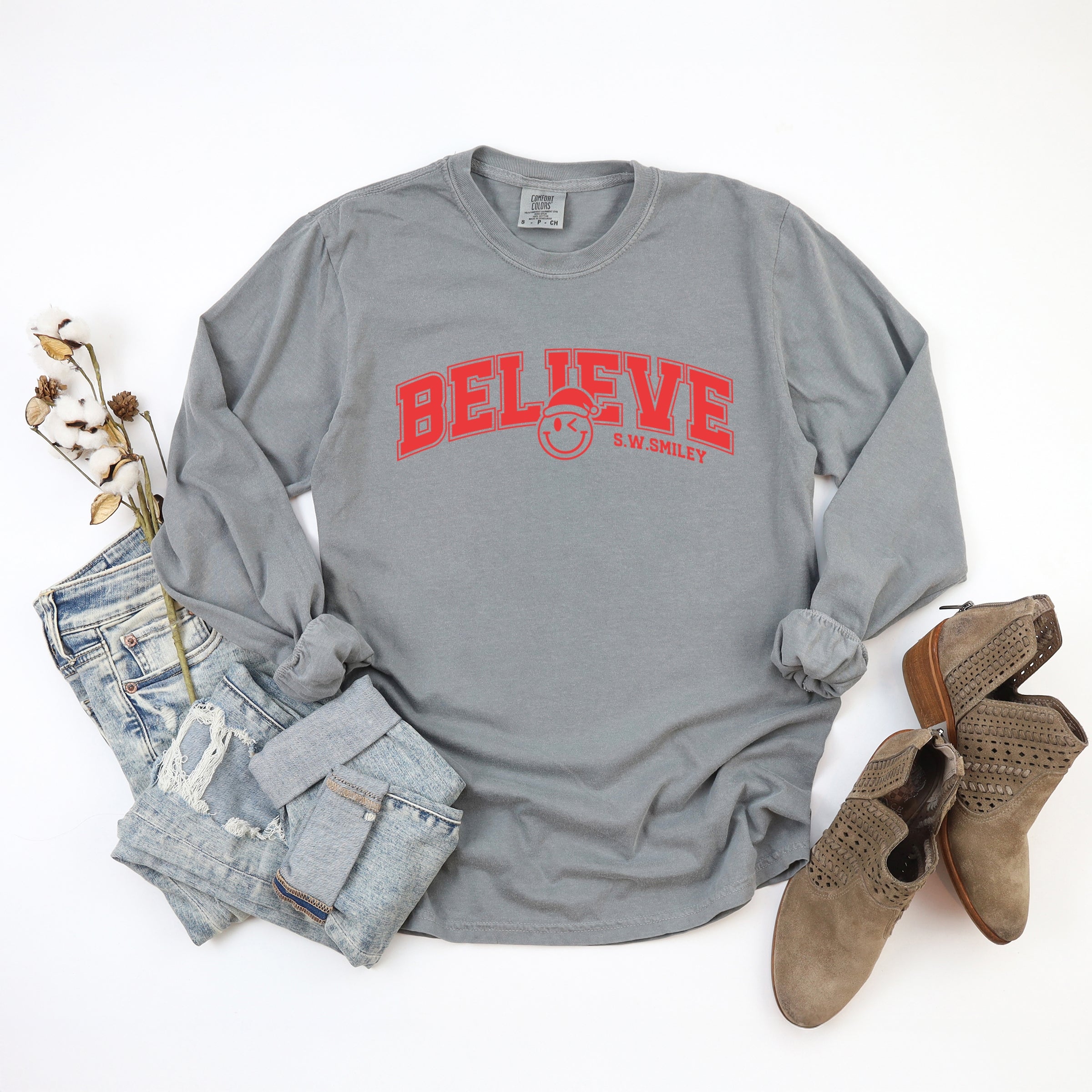 S.W.Smiley Varsity Believe - Womens Garment Dyed Long Sleeve