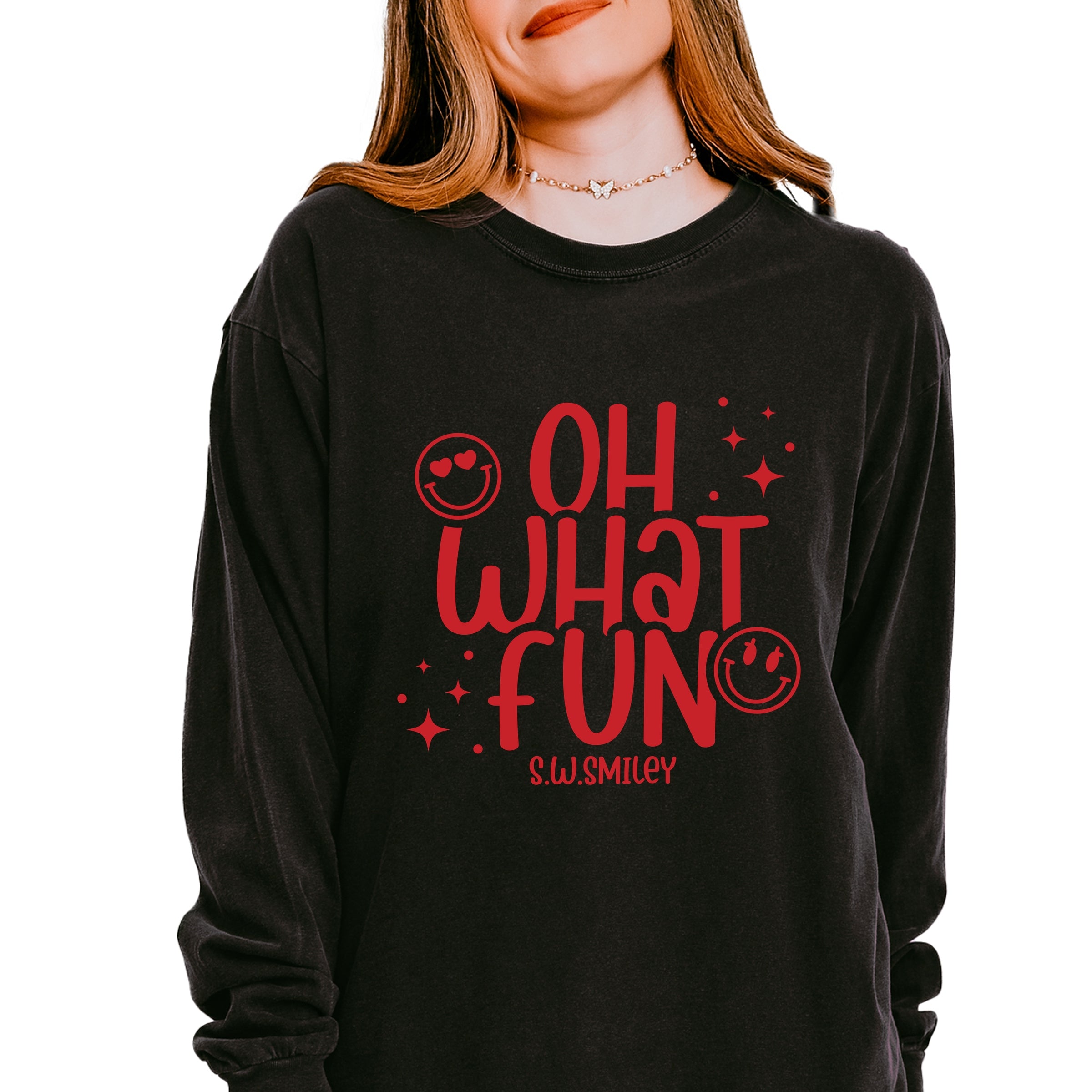 S.W.Smiley Oh What Fun Sparkle - Womens Garment Dyed Long Sleeve