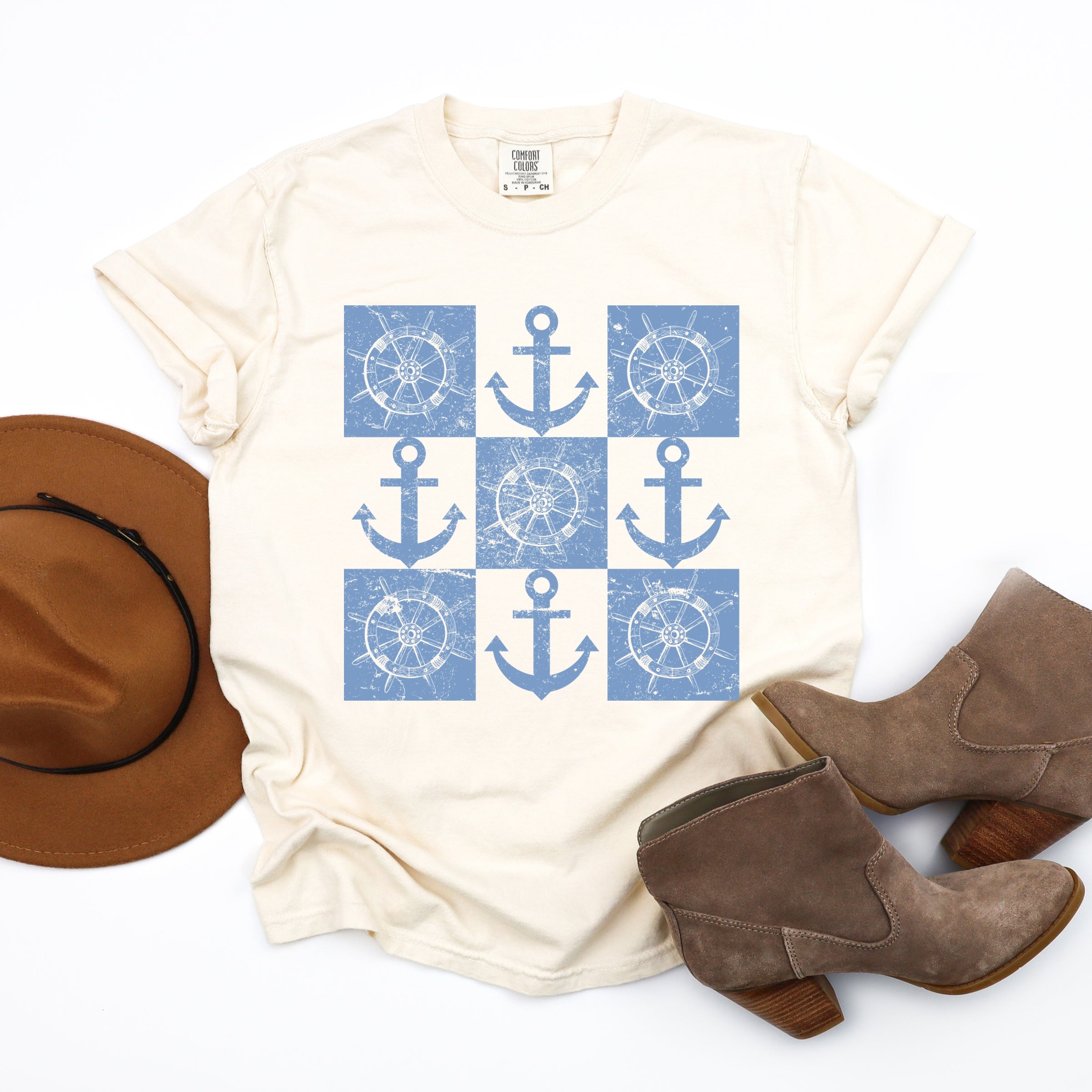 Anchor Wheel Grid - Womens Garment Dyed Tee