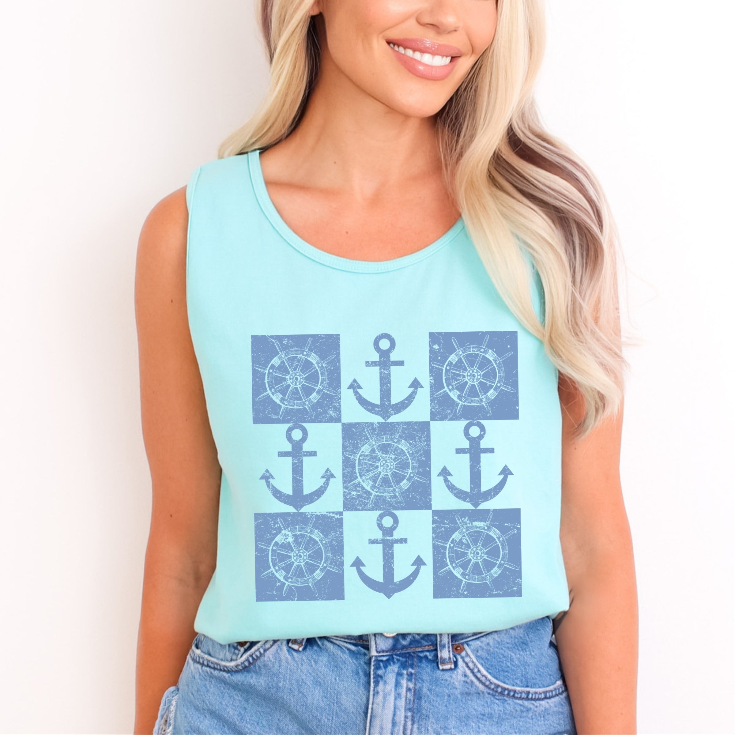 Anchor Wheel Grid - Womens Garment Dyed Tank