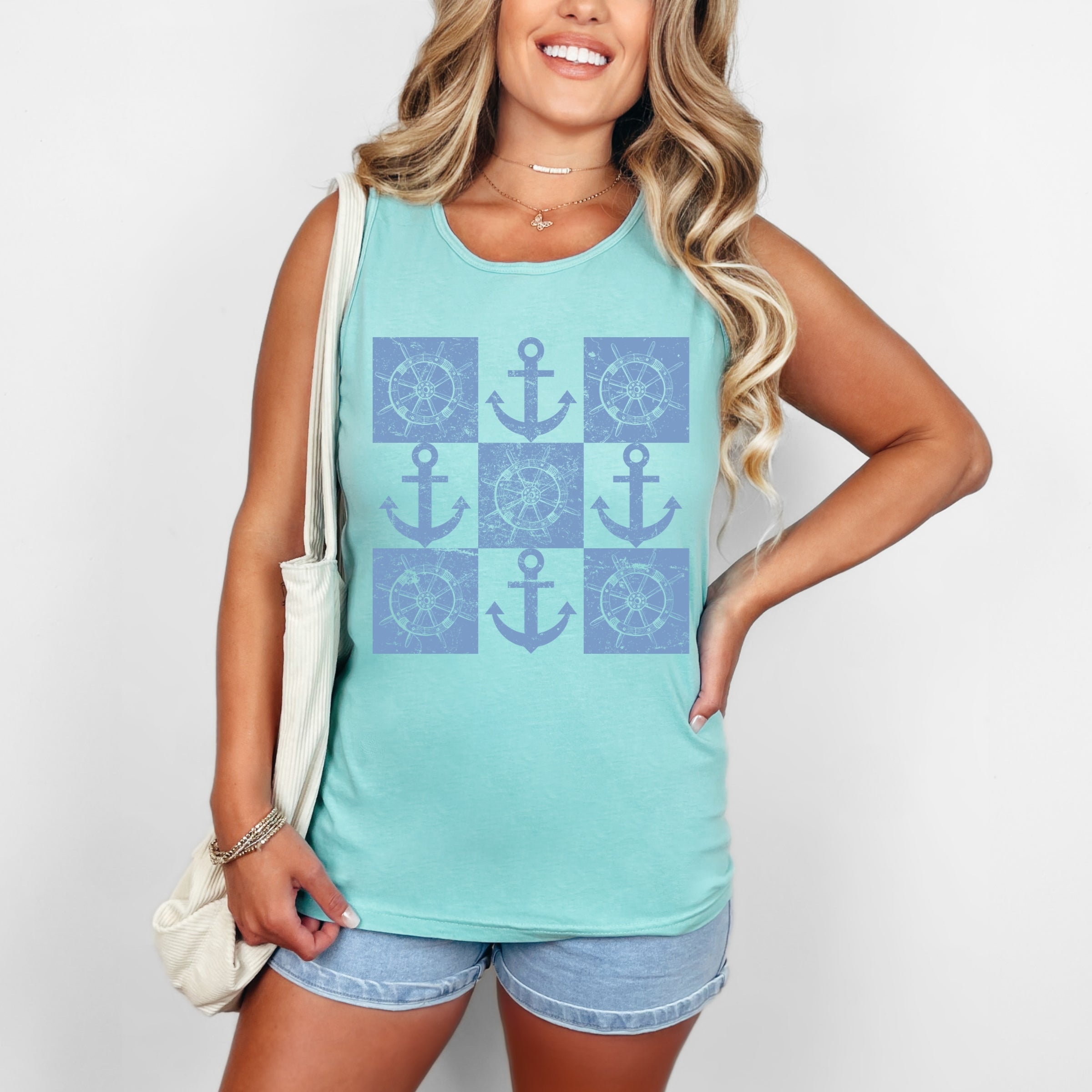 Anchor Wheel Grid - Womens Garment Dyed Tank