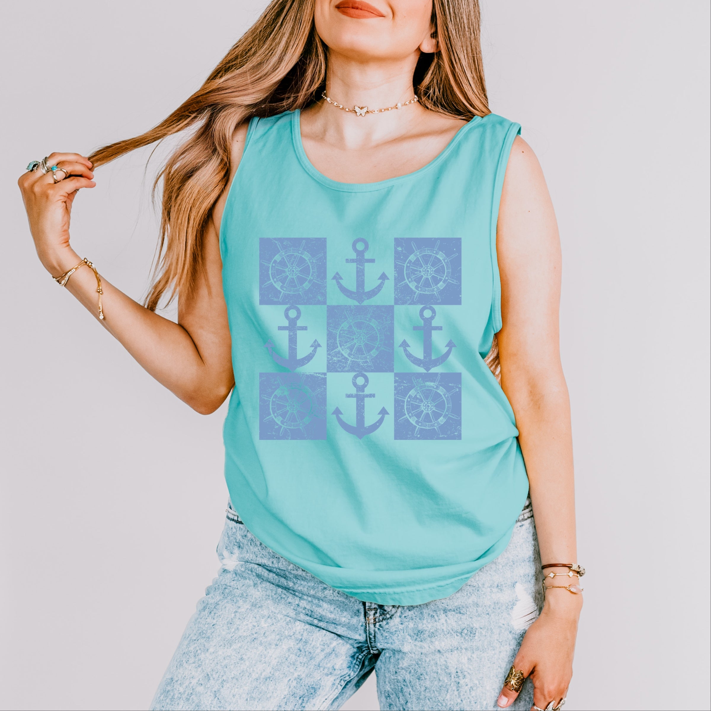 Anchor Wheel Grid - Womens Garment Dyed Tank