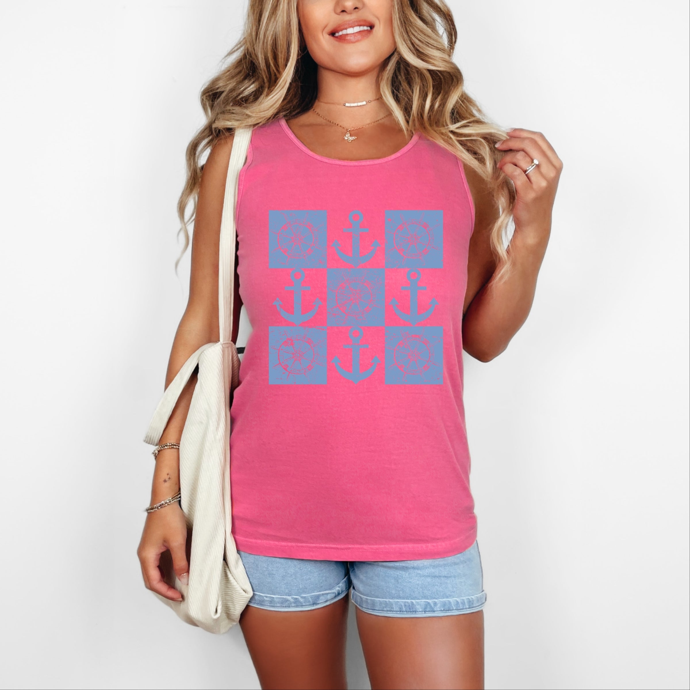 Anchor Wheel Grid - Womens Garment Dyed Tank