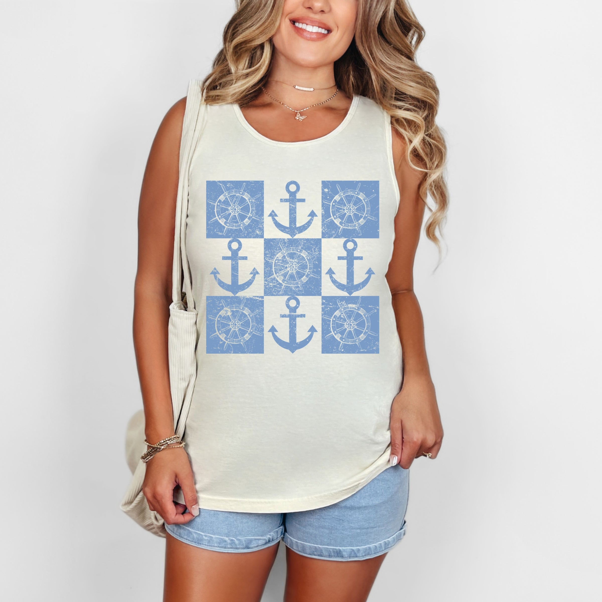 Anchor Wheel Grid - Womens Garment Dyed Tank