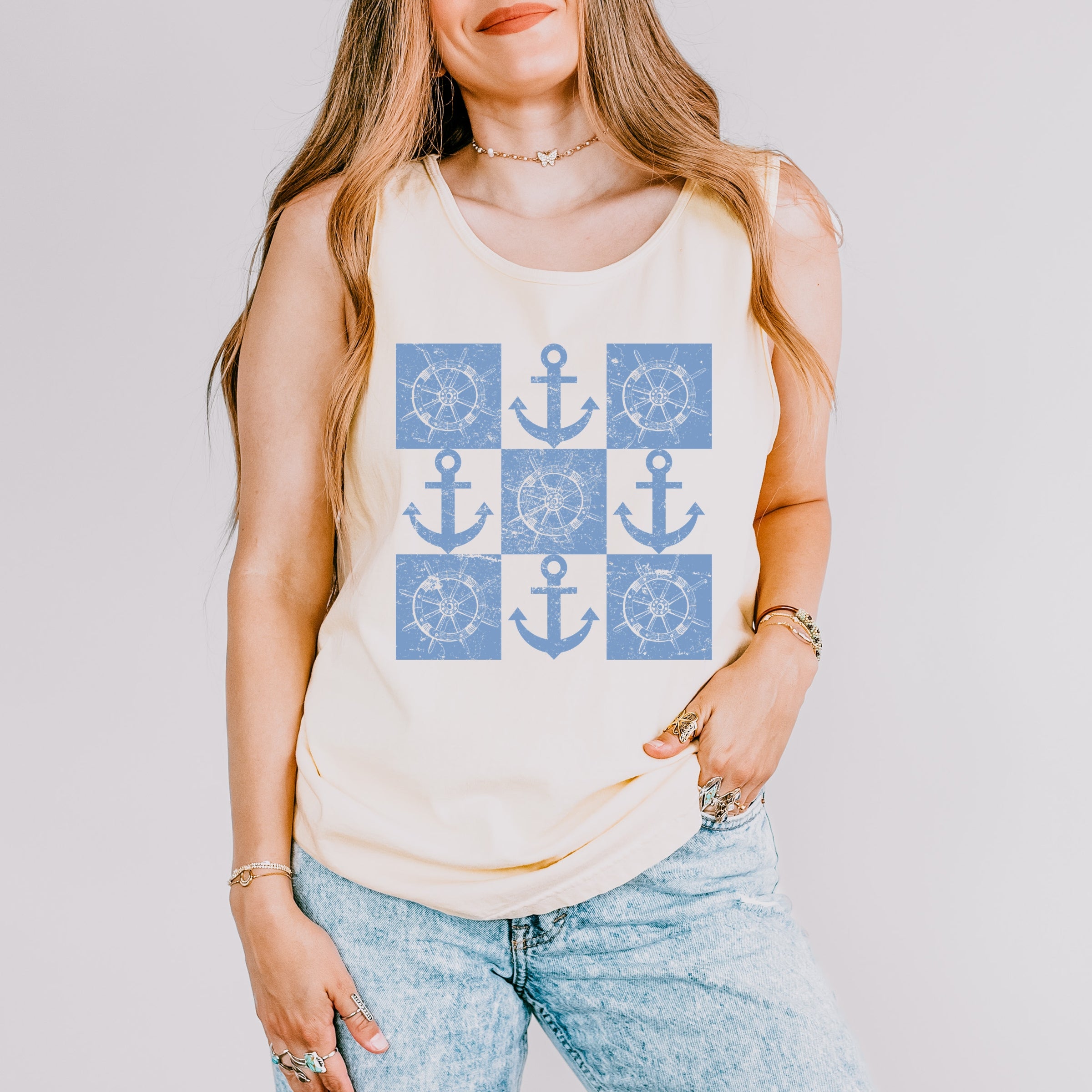 Anchor Wheel Grid - Womens Garment Dyed Tank