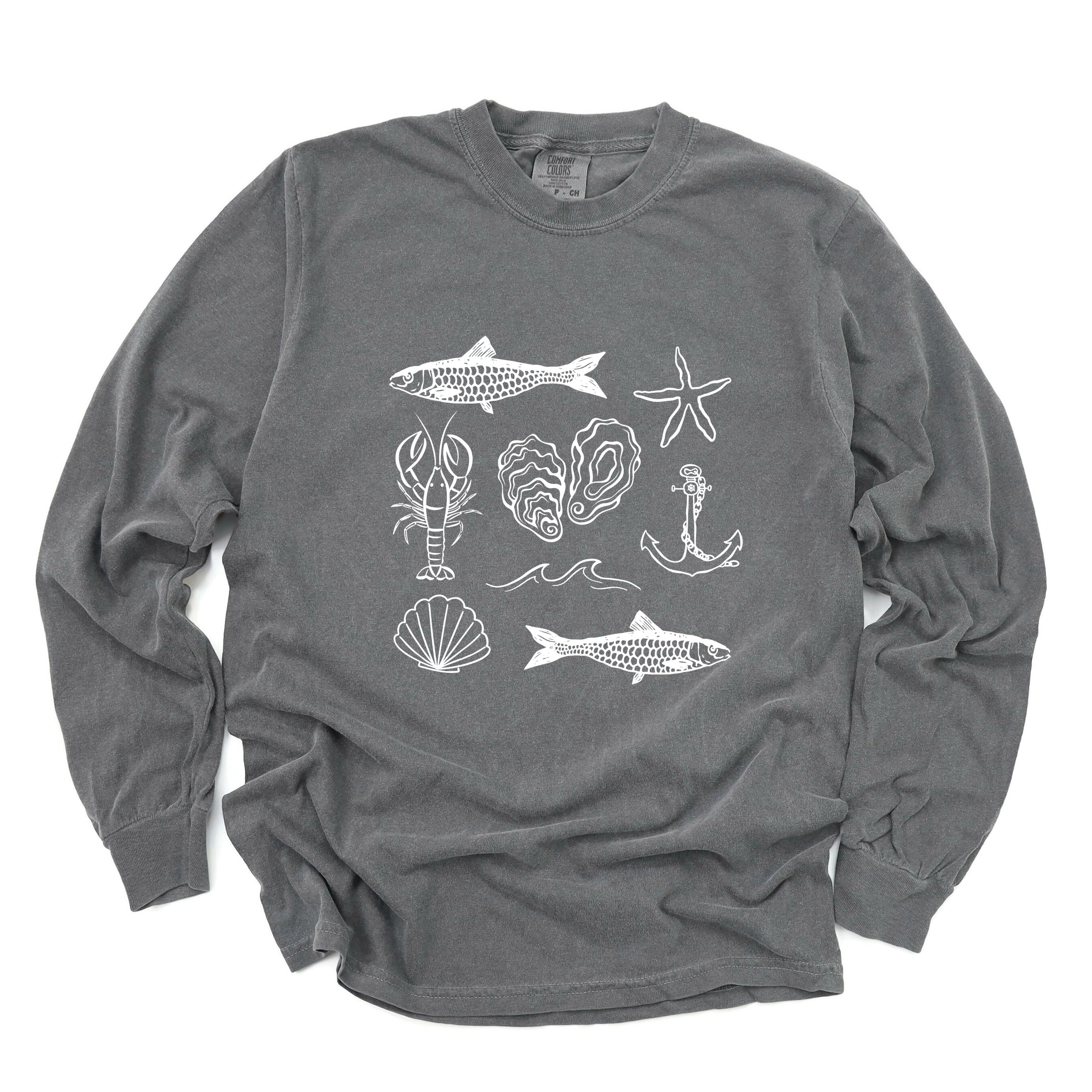 Fisherman Collage - Women's Garment Dyed Long Sleeve Graphic T-Shirt
