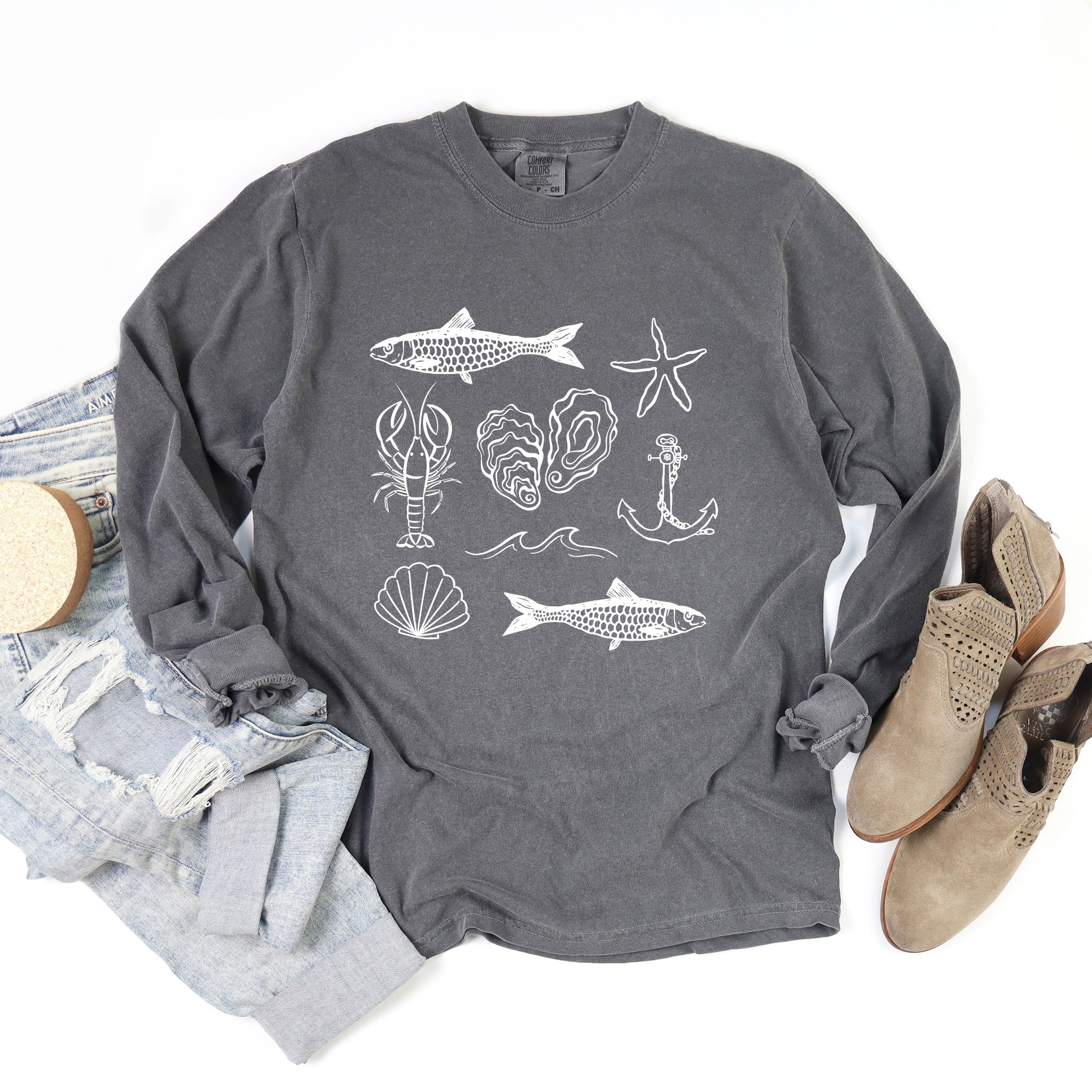 Fisherman Collage - Women's Garment Dyed Long Sleeve Graphic T-Shirt