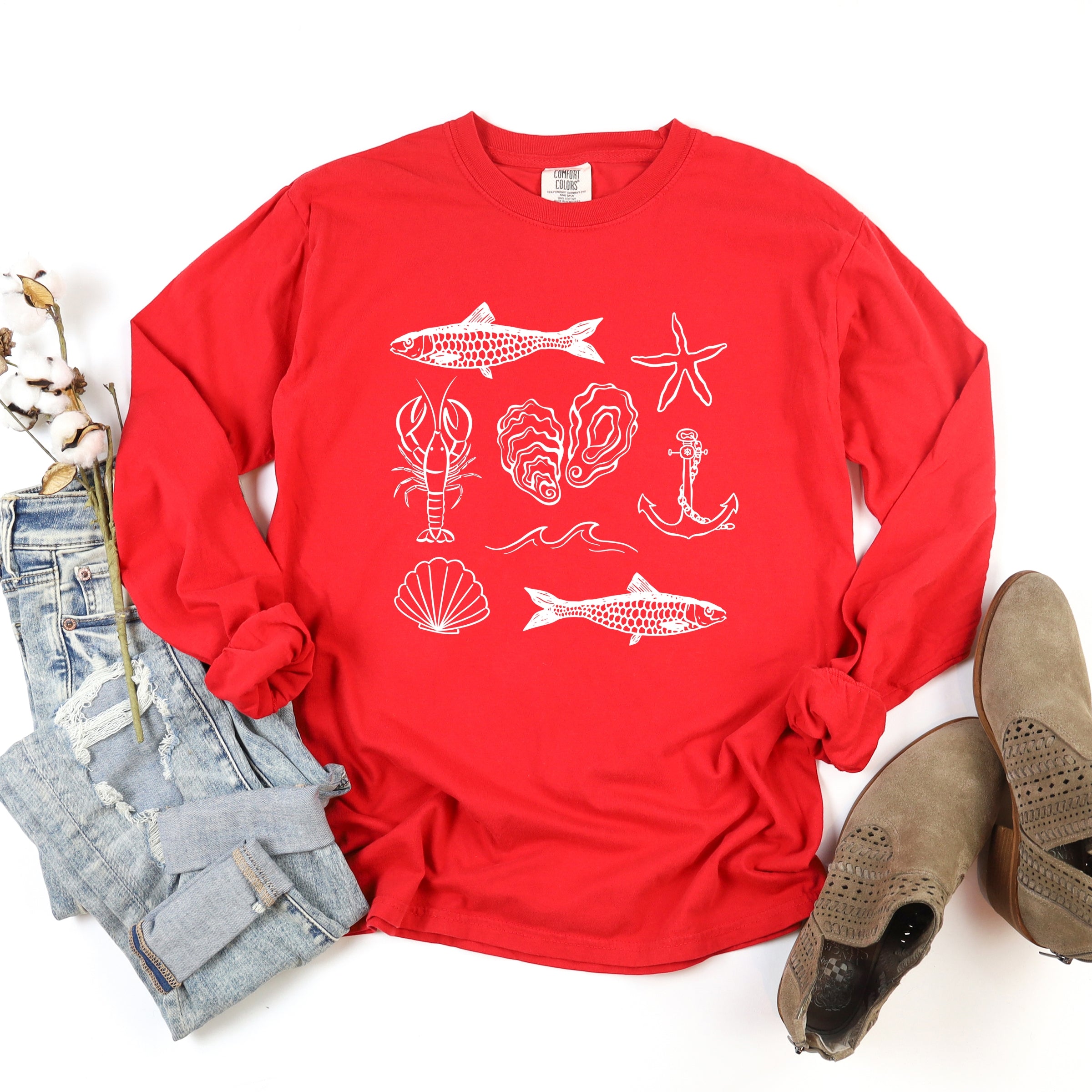Fisherman Collage - Women's Garment Dyed Long Sleeve Graphic T-Shirt