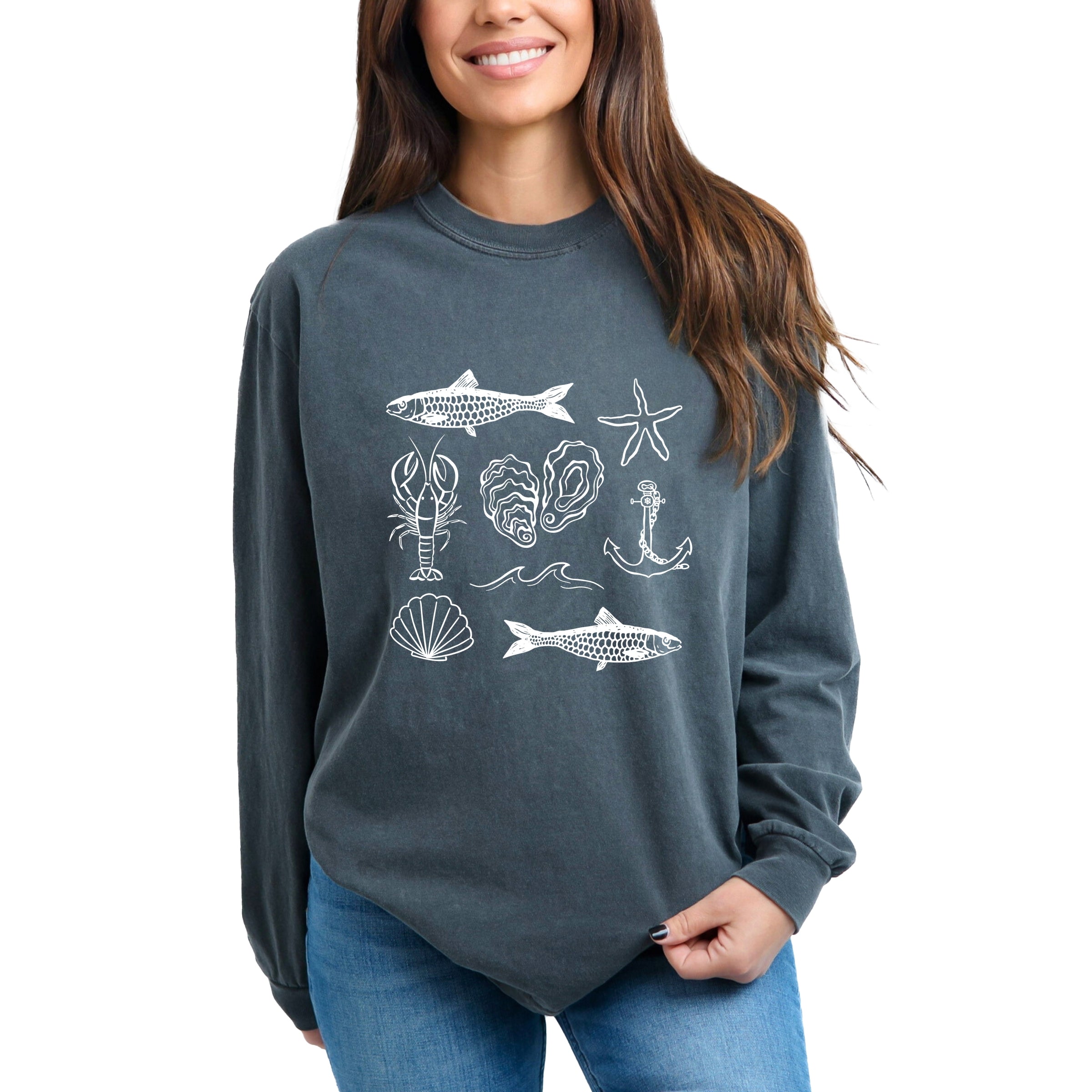 Fisherman Collage - Women's Garment Dyed Long Sleeve Graphic T-Shirt