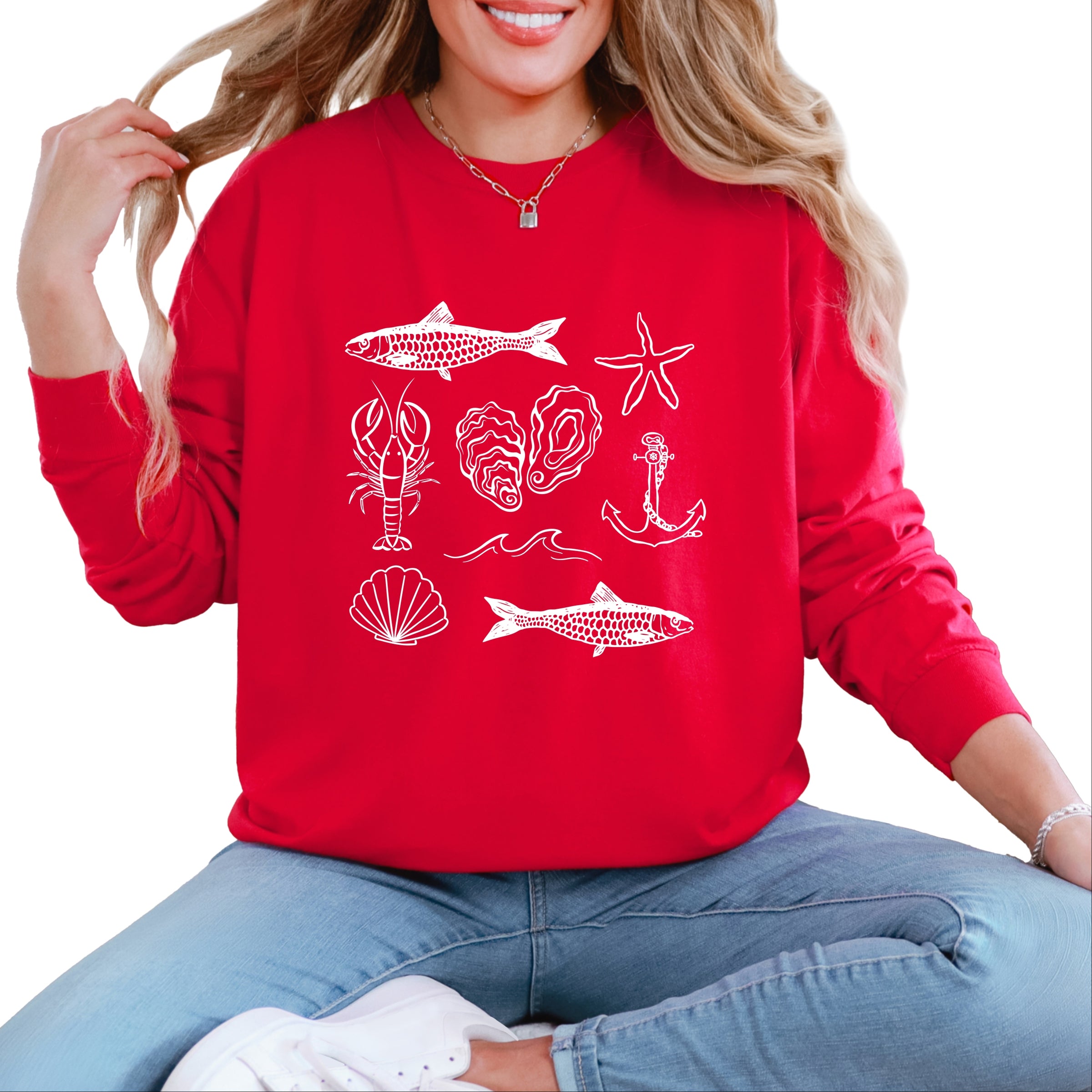 Fisherman Collage - Women's Garment Dyed Long Sleeve Graphic T-Shirt