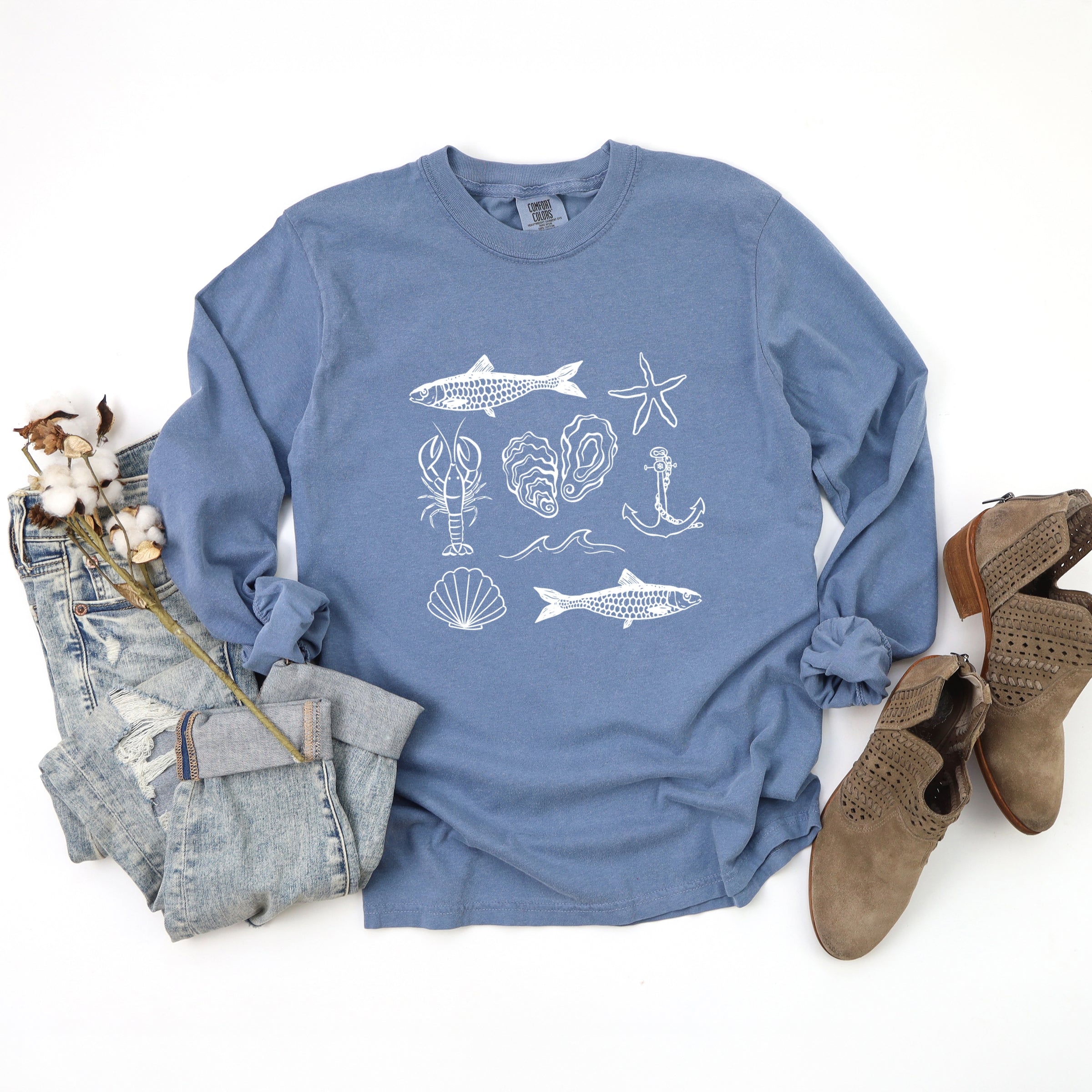 Fisherman Collage - Women's Garment Dyed Long Sleeve Graphic T-Shirt