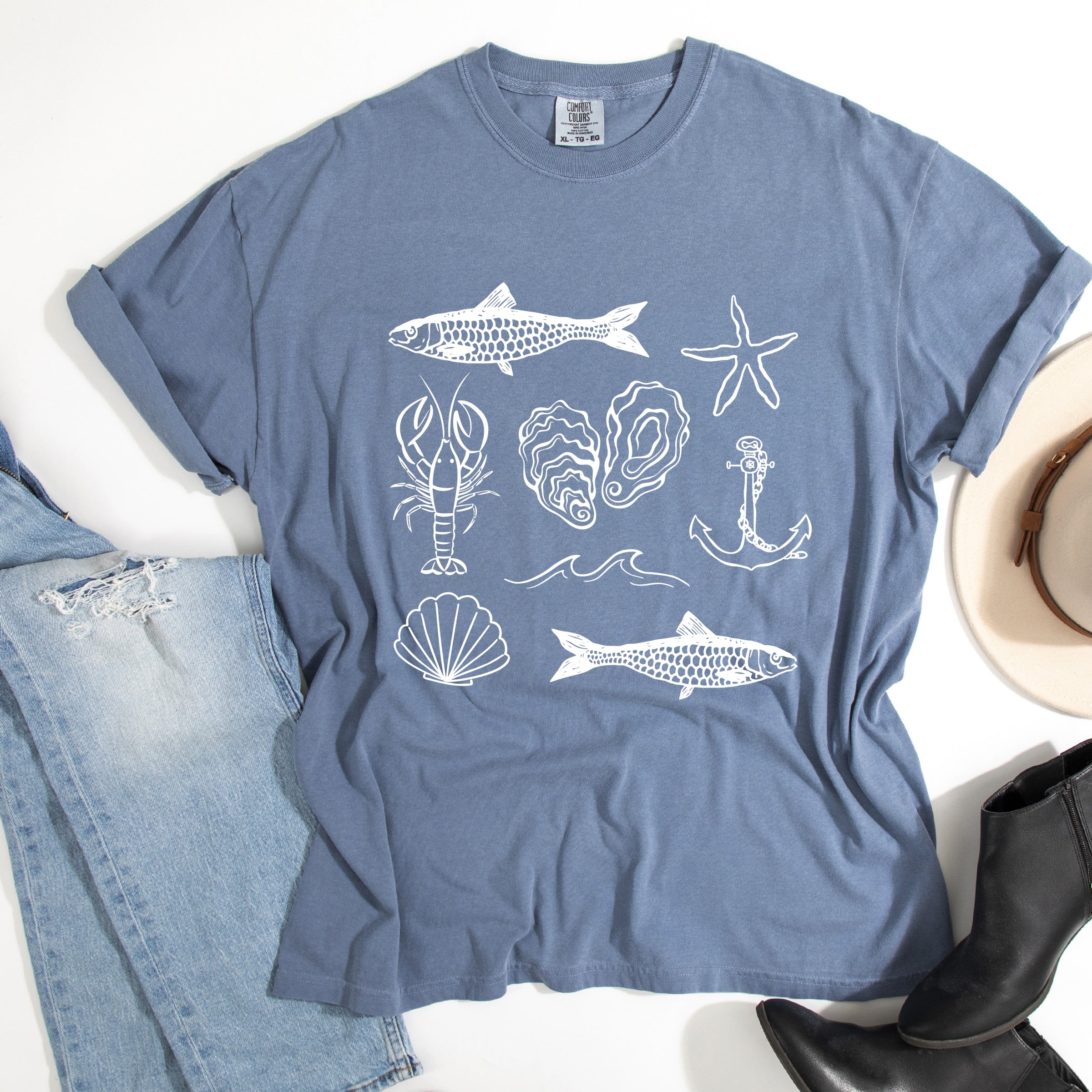 Fisherman Collage - Women's Garment Dyed Graphic T-Shirt