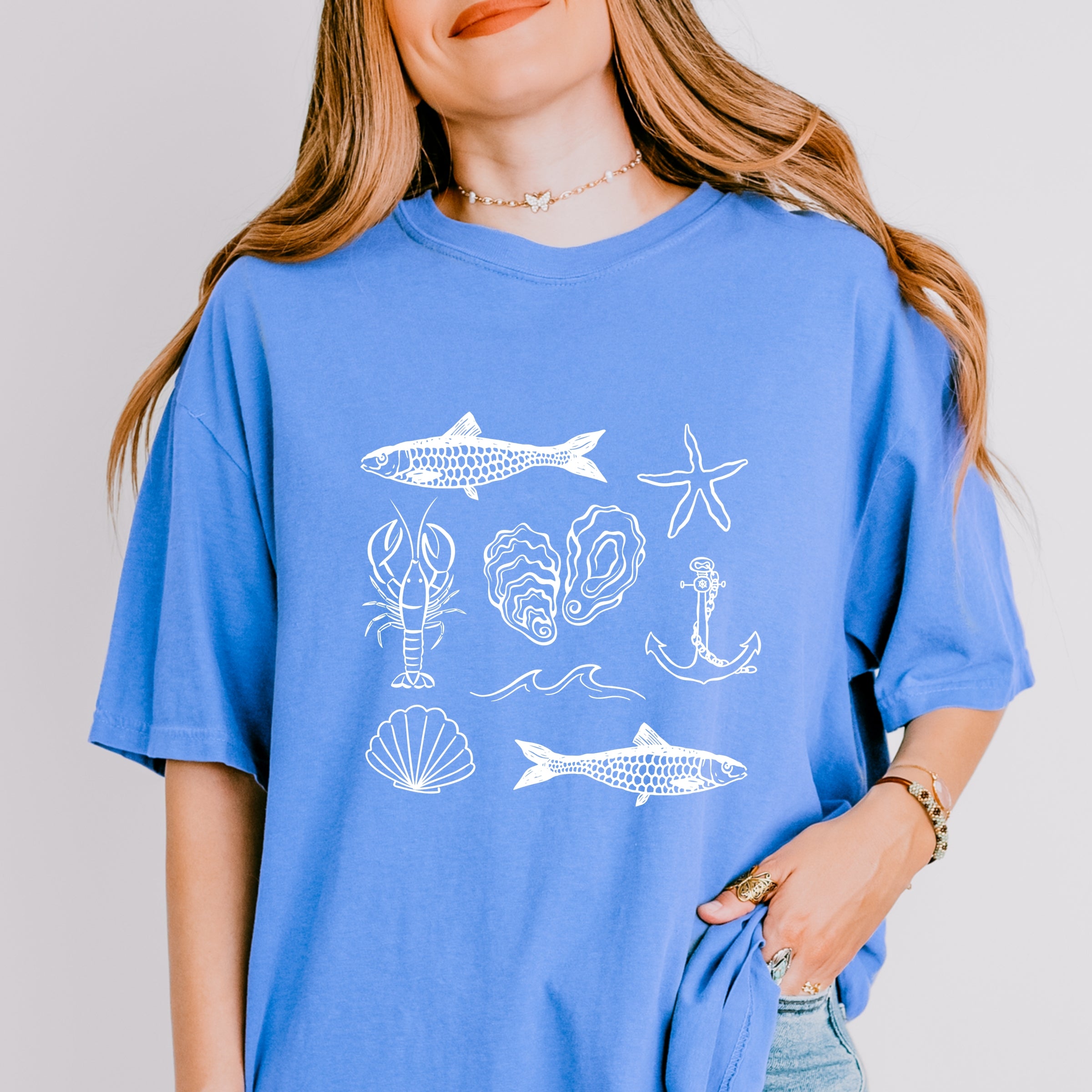 Fisherman Collage - Women's Garment Dyed Graphic T-Shirt