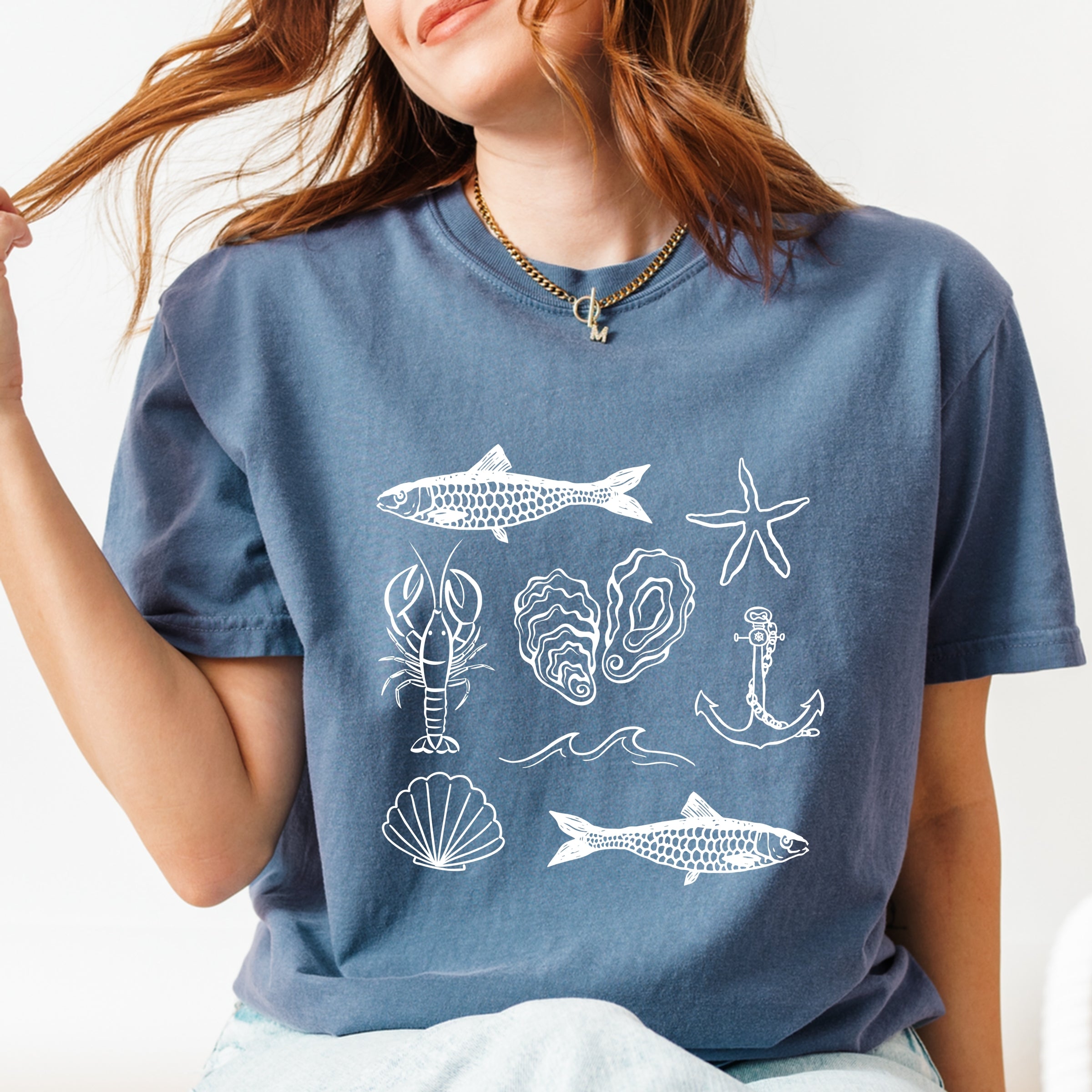 Fisherman Collage - Women's Garment Dyed Graphic T-Shirt