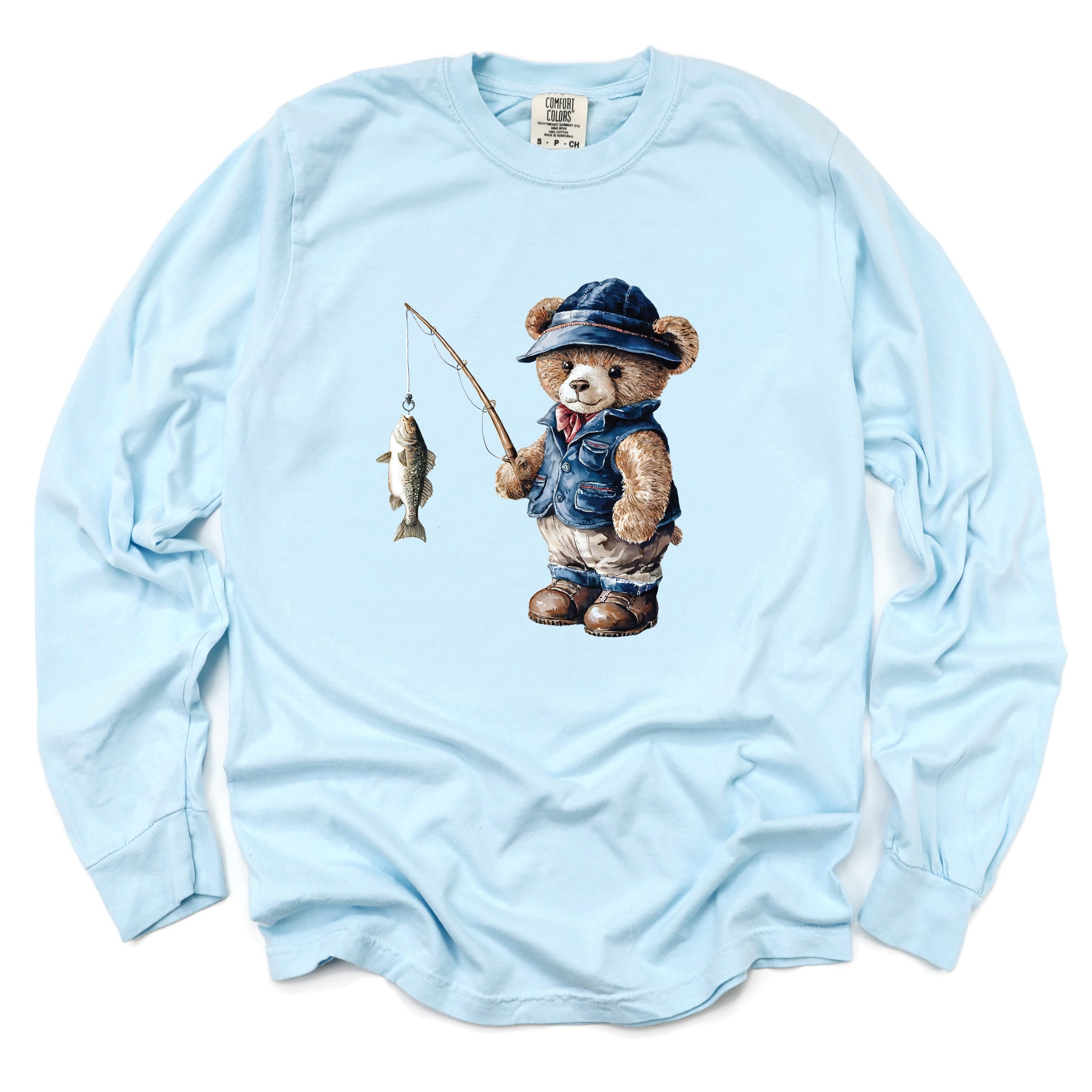 Teddy Bear Fisherman - Womens Garment Dyed Long Sleeve