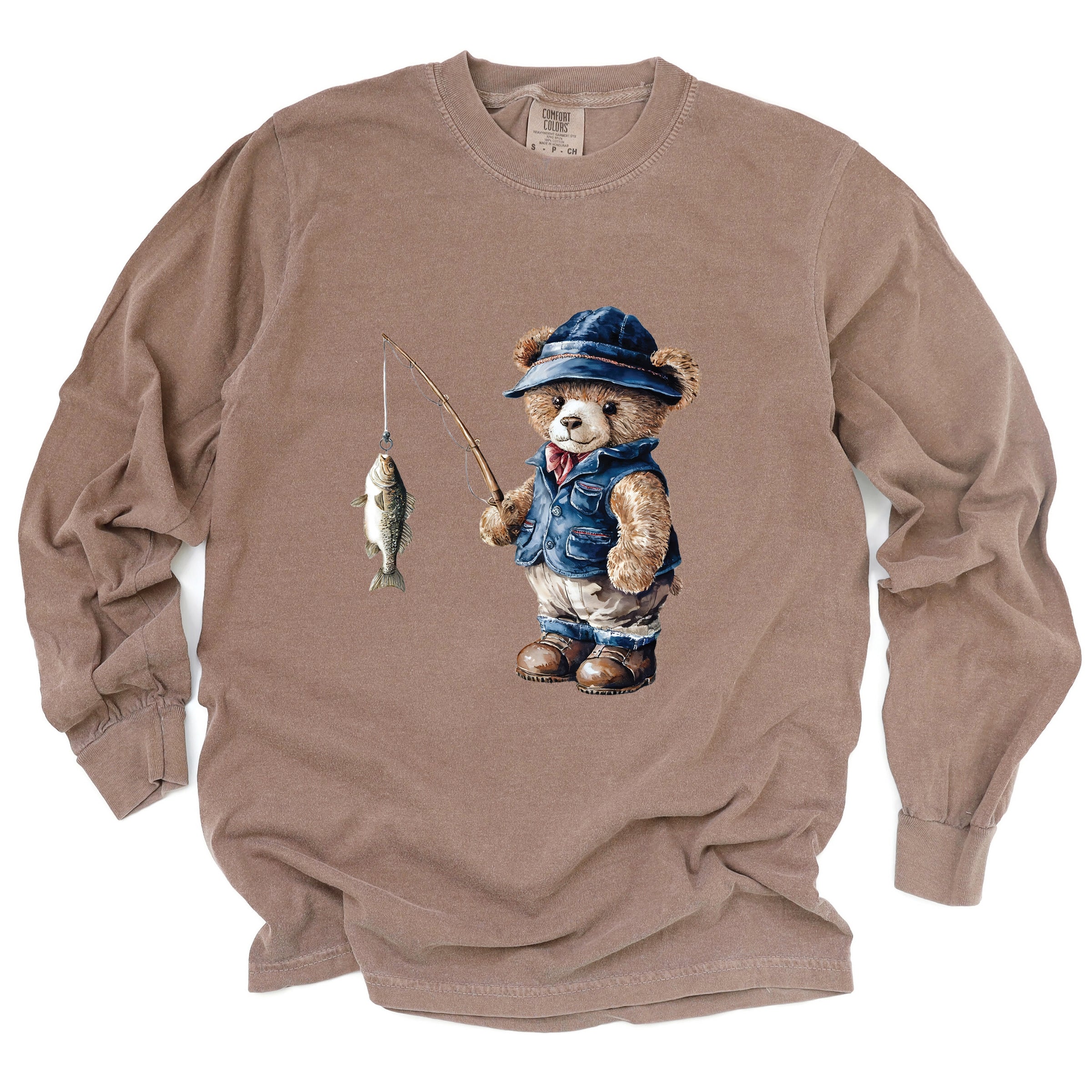Teddy Bear Fisherman - Womens Garment Dyed Long Sleeve