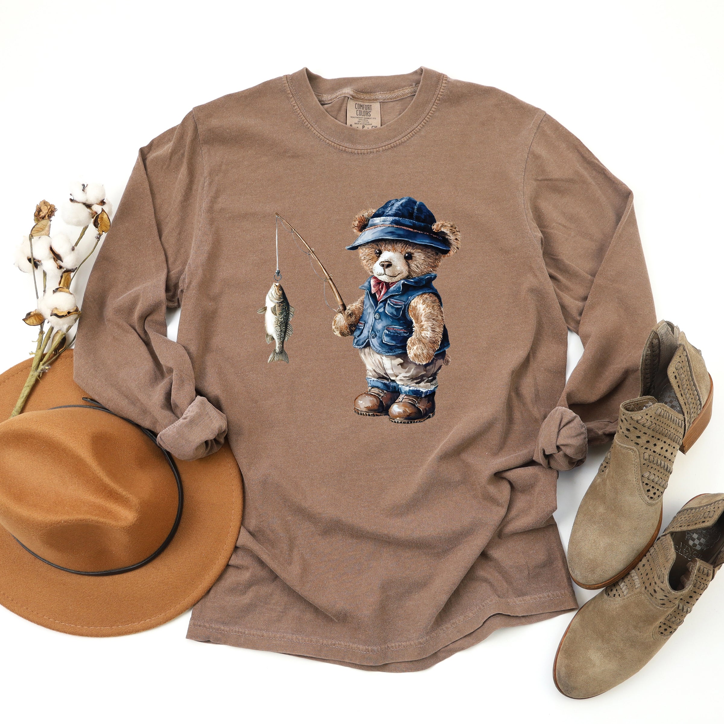 Teddy Bear Fisherman - Womens Garment Dyed Long Sleeve