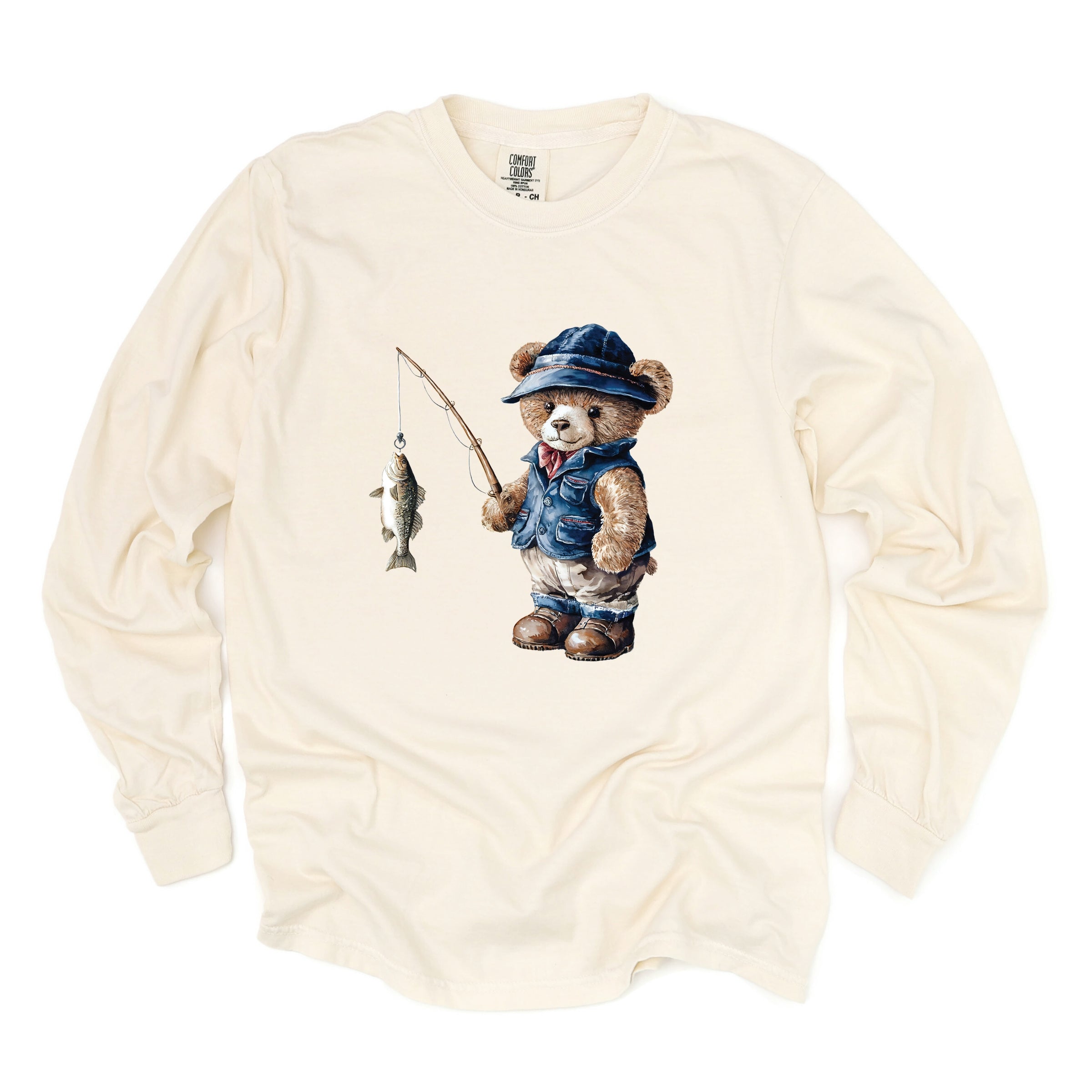 Teddy Bear Fisherman - Womens Garment Dyed Long Sleeve